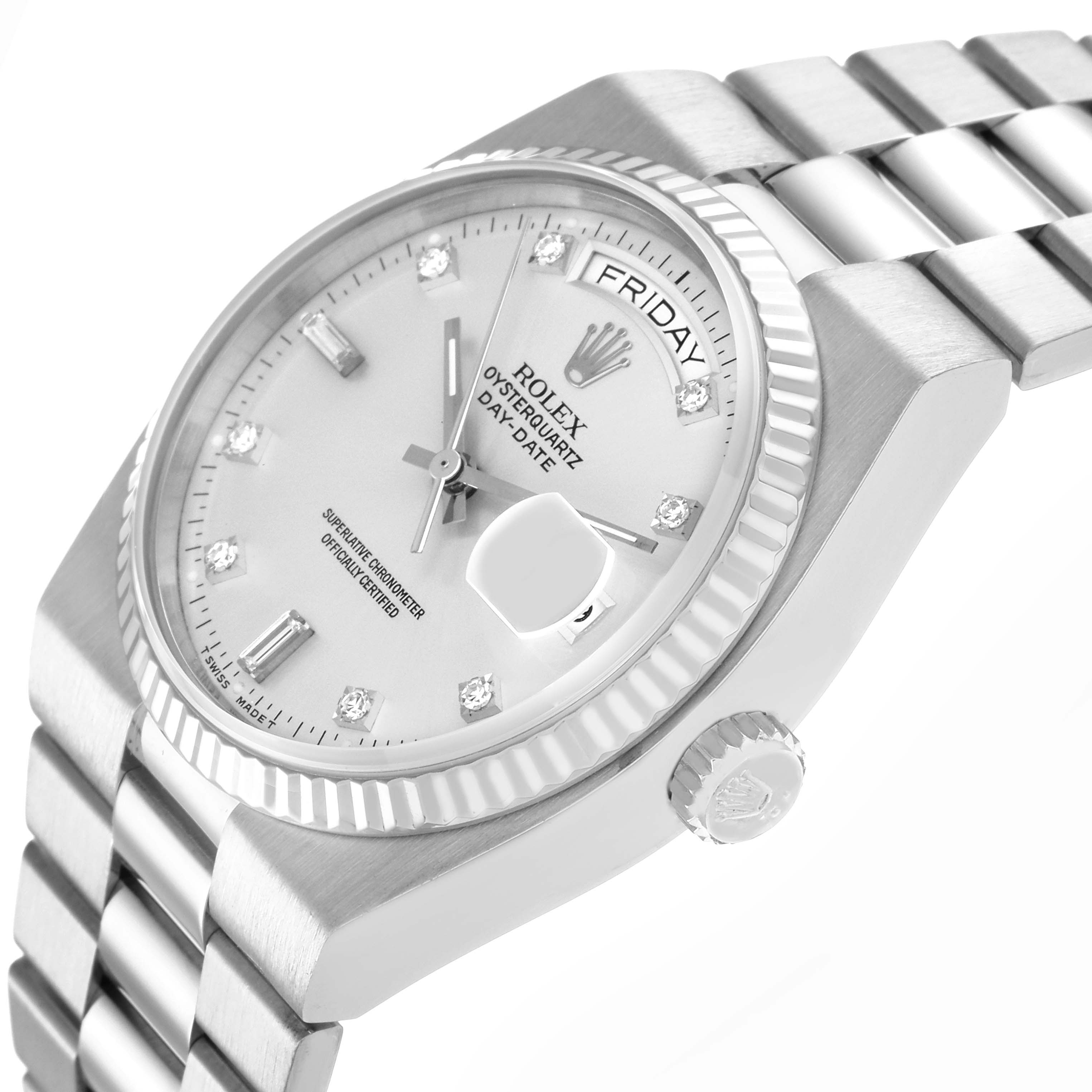 The Rolex Oysterquartz 19091 Men's White Gold Silver Dial 19091 Men's White Gold Silver Dial watch is shown from a side angle, highlighting the dial, bezel, crown, and bracelet.