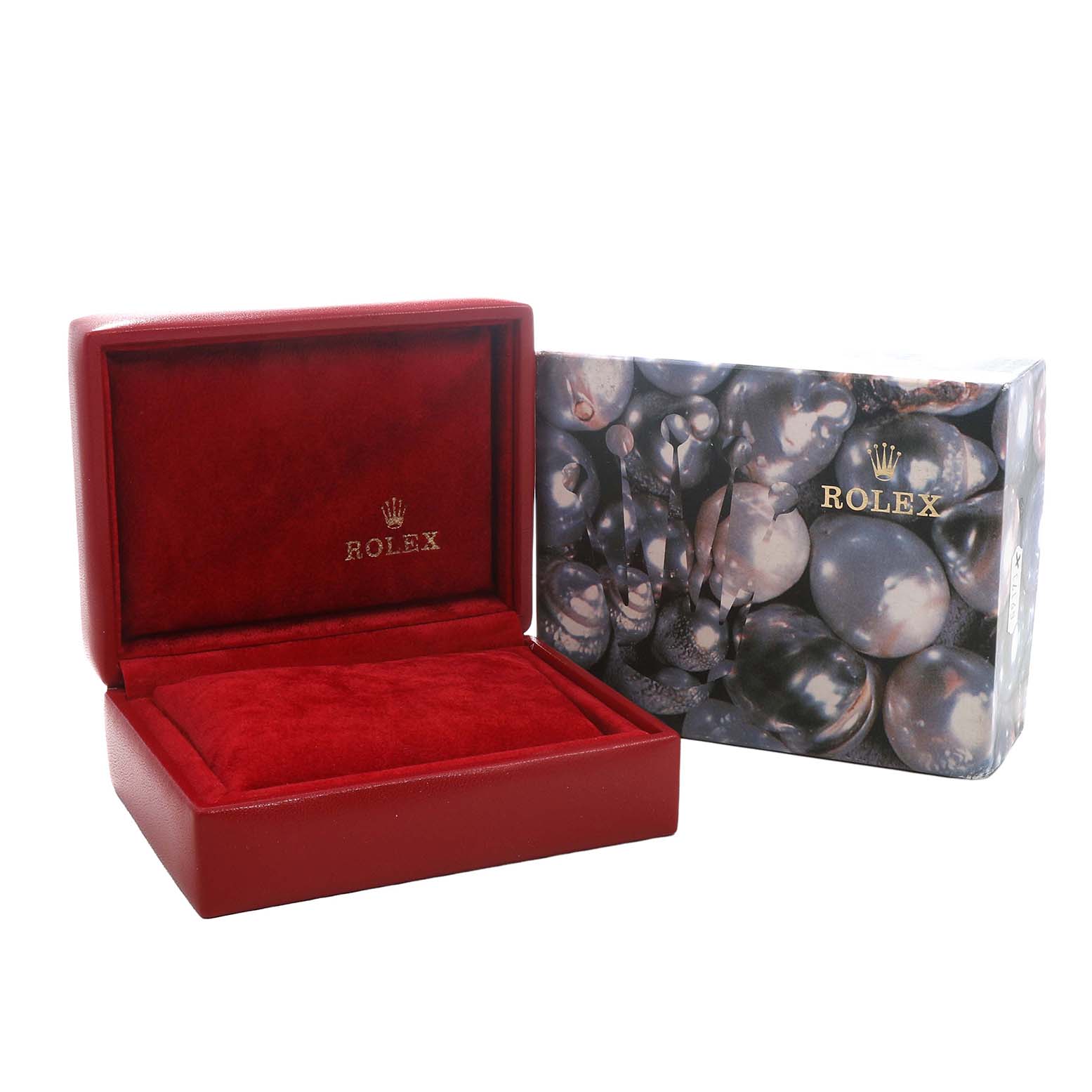 The image shows an open red Rolex watch box and its outer protective sleeve for the President model.
