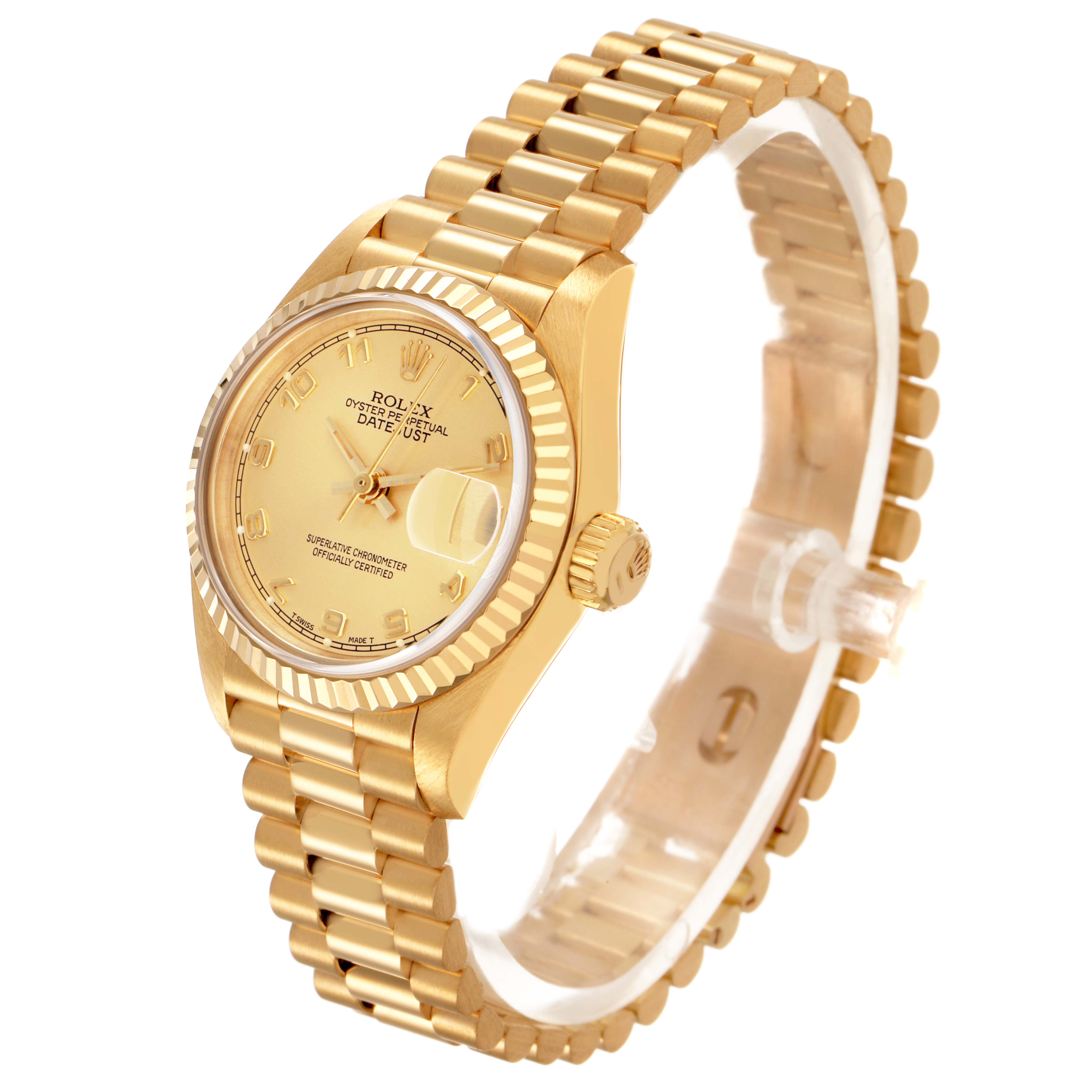 The Rolex President 69178 Women's Yellow Gold Champagne Dial model is shown at a three-quarter angle, highlighting the face, fluted bezel, crown, and bracelet.