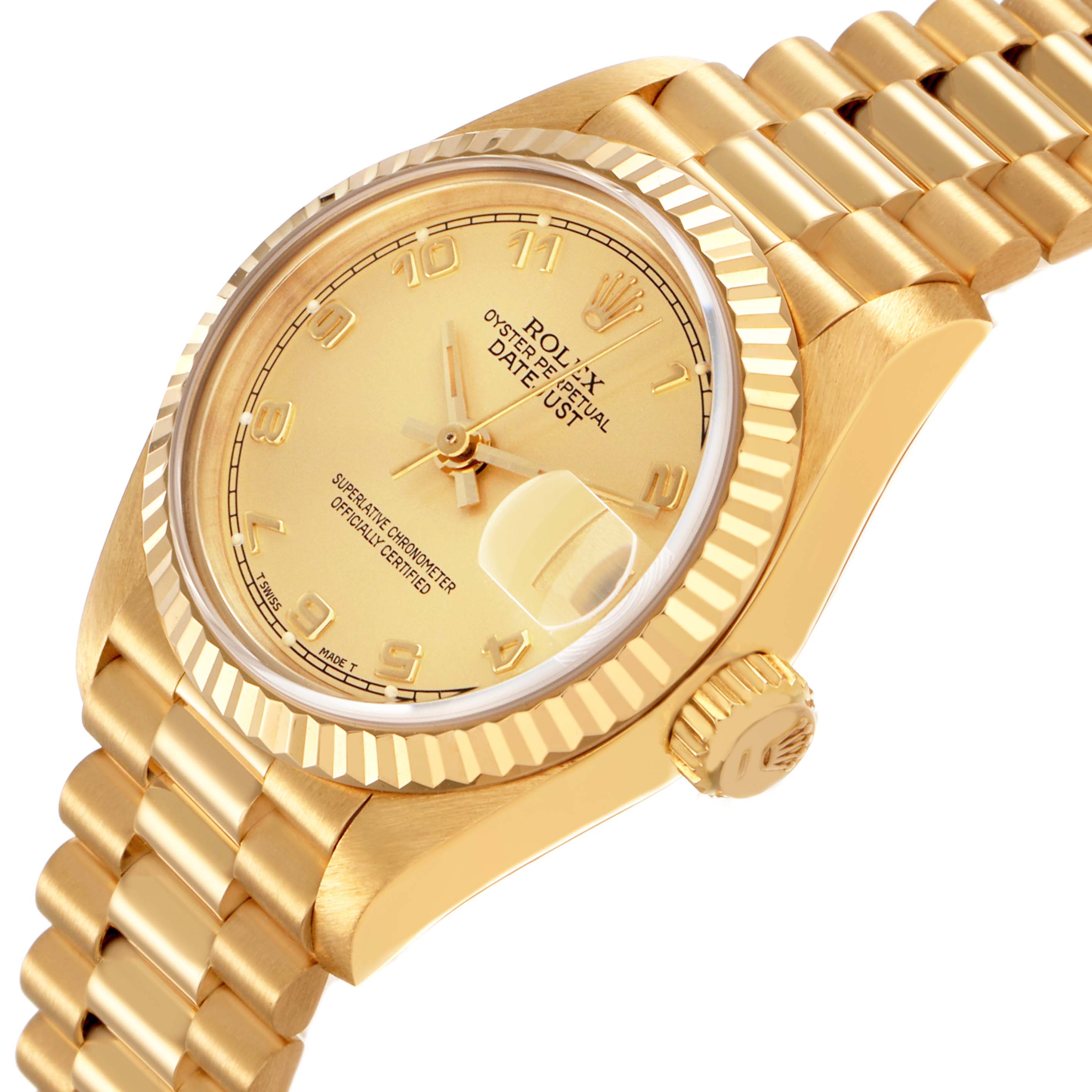 The Rolex President 69178 Women's Yellow Gold Champagne Dial model watch is shown at an angled view, highlighting the gold case, fluted bezel, and bracelet.