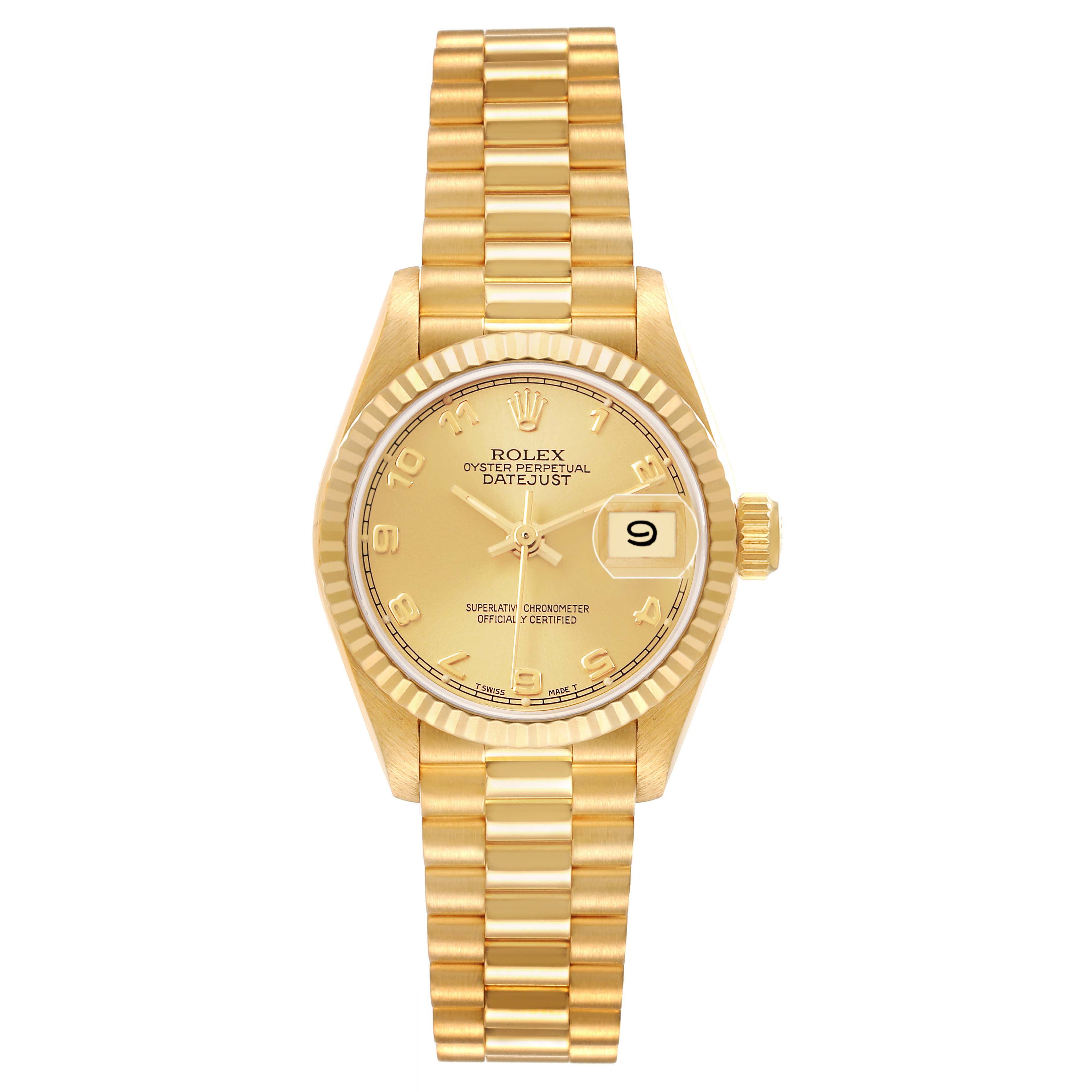 The Rolex President 69178 Women's Yellow Gold Champagne Dial model is shown from a top view, displaying the dial, bezel, crown, and bracelet clearly.