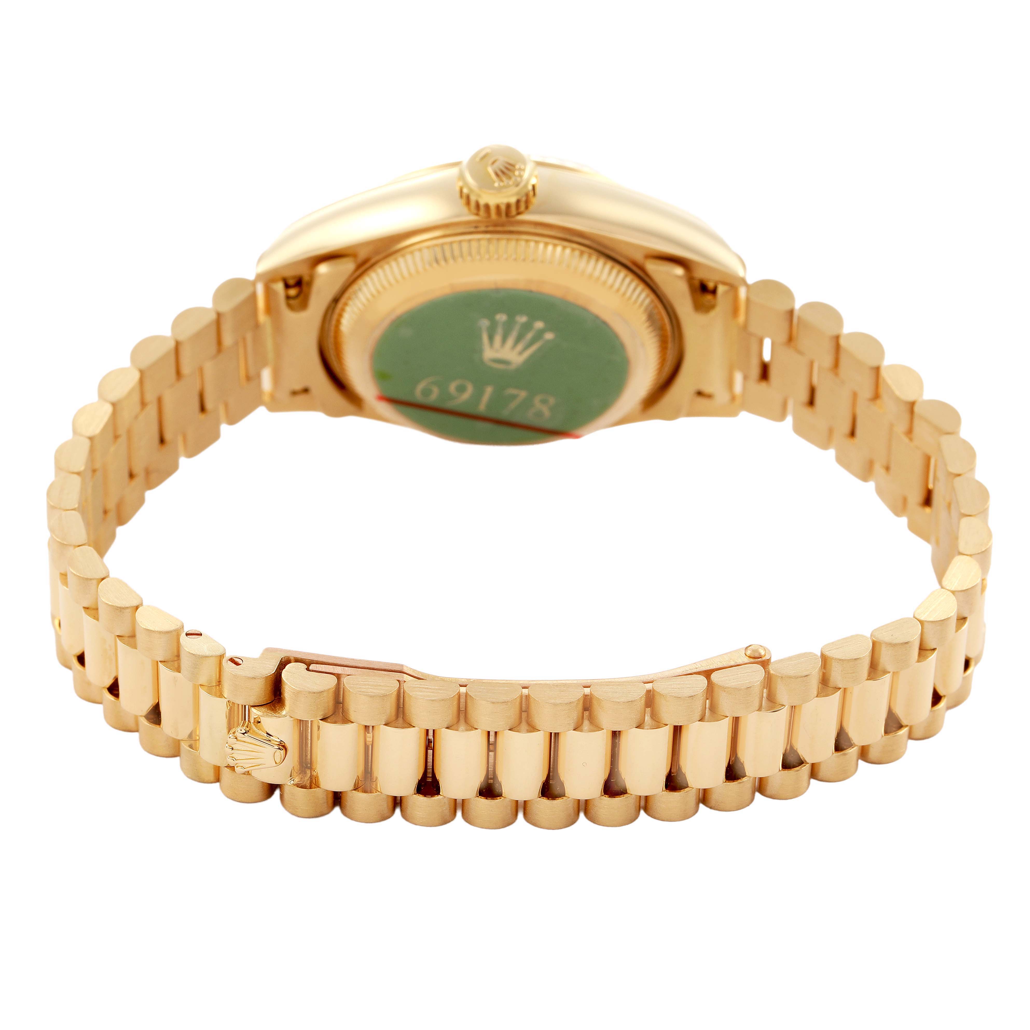 The image displays the back view of a Rolex President 69178 Women's Yellow Gold Champagne Dial model watch, highlighting the bracelet and case back.