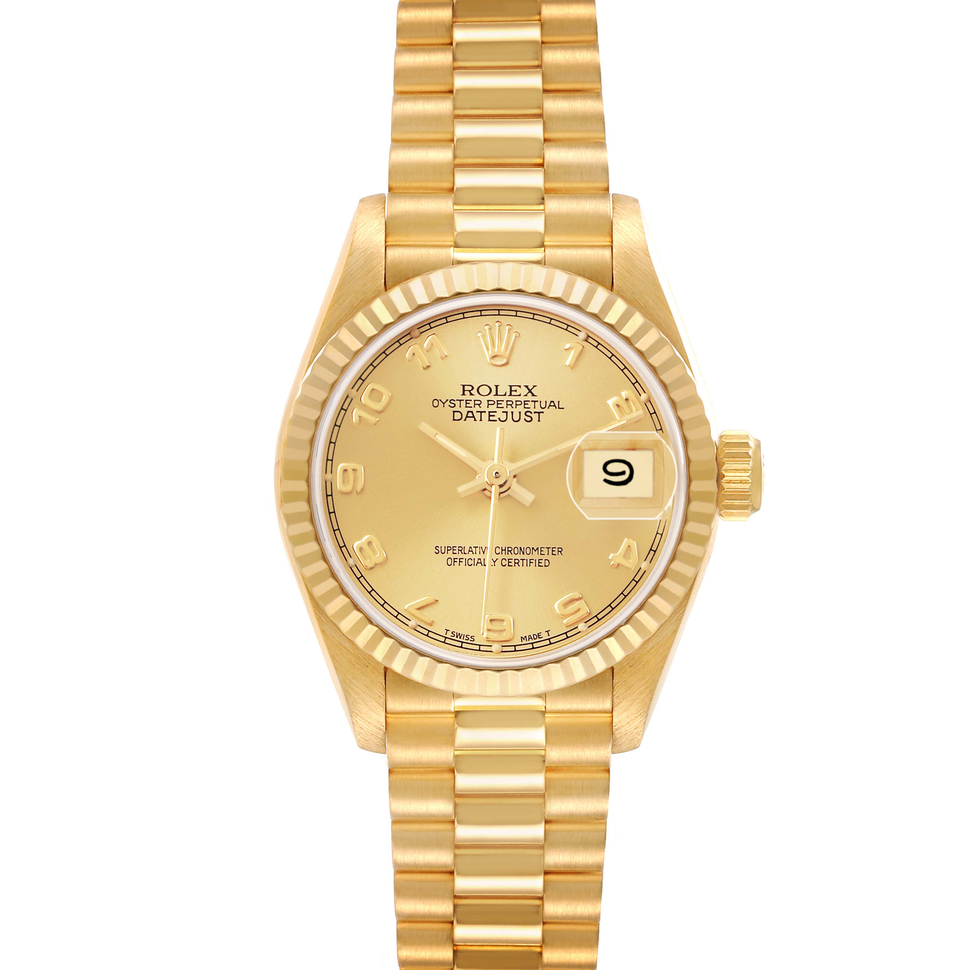 The Rolex President 69178 Women's Yellow Gold Champagne Dial watch is shown from a front angle, highlighting its bracelet, bezel, dial, and crown.