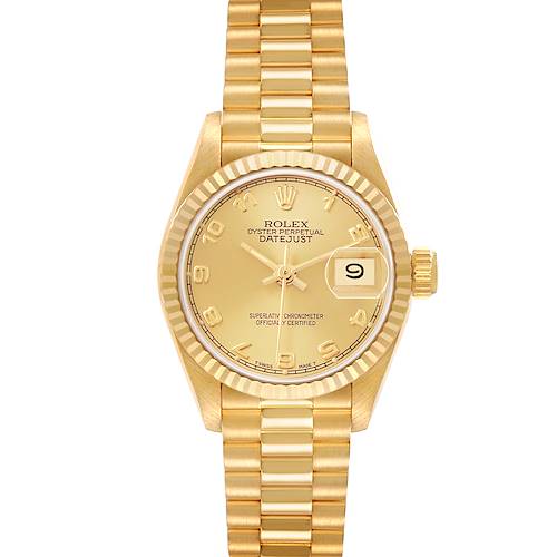 The Rolex President 69178 Women's Yellow Gold Champagne Dial model watch is shown from a front angle, displaying the dial, bracelet, and date window.