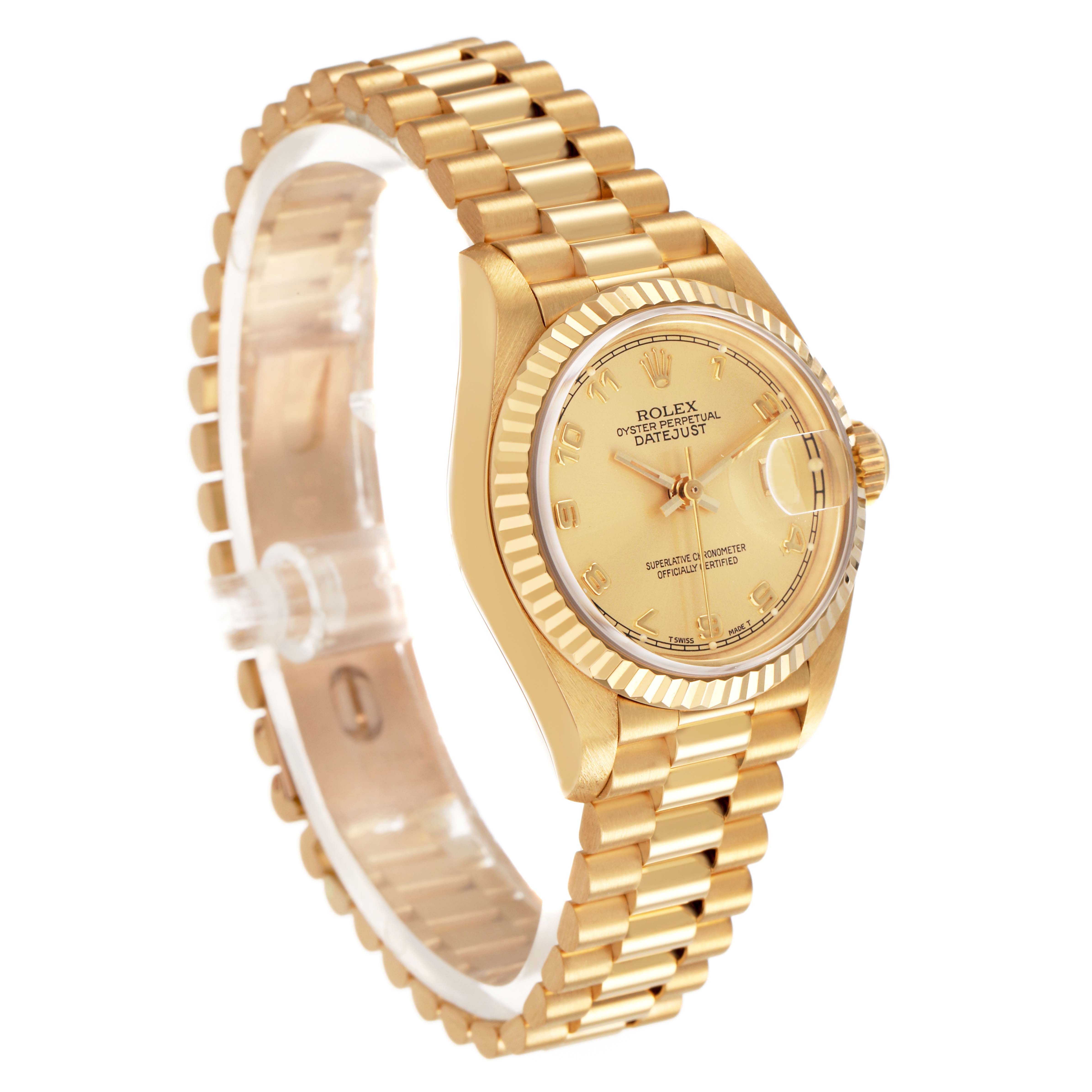 The Rolex President 69178 Women's Yellow Gold Champagne Dial model watch is shown at a three-quarter angle, displaying the dial, bezel, and bracelet.