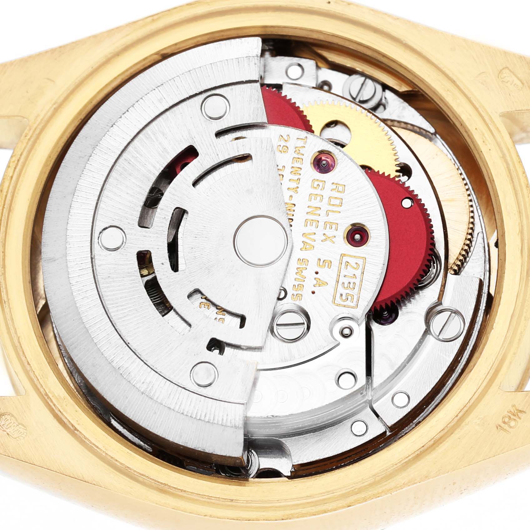 The image shows the movement from the back of the Rolex President 69178 Women's Yellow Gold Silver Dial watch, highlighting its internal components and rotor.