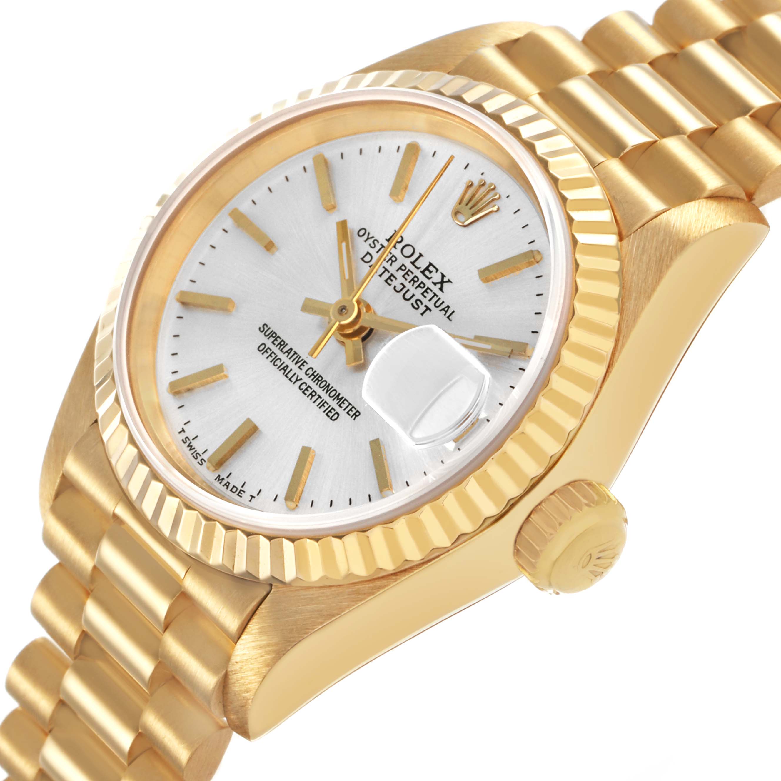 The Rolex President 69178 Women's Yellow Gold Silver Dial model is shown at a tilted angle, highlighting the face, fluted bezel, and part of the bracelet.