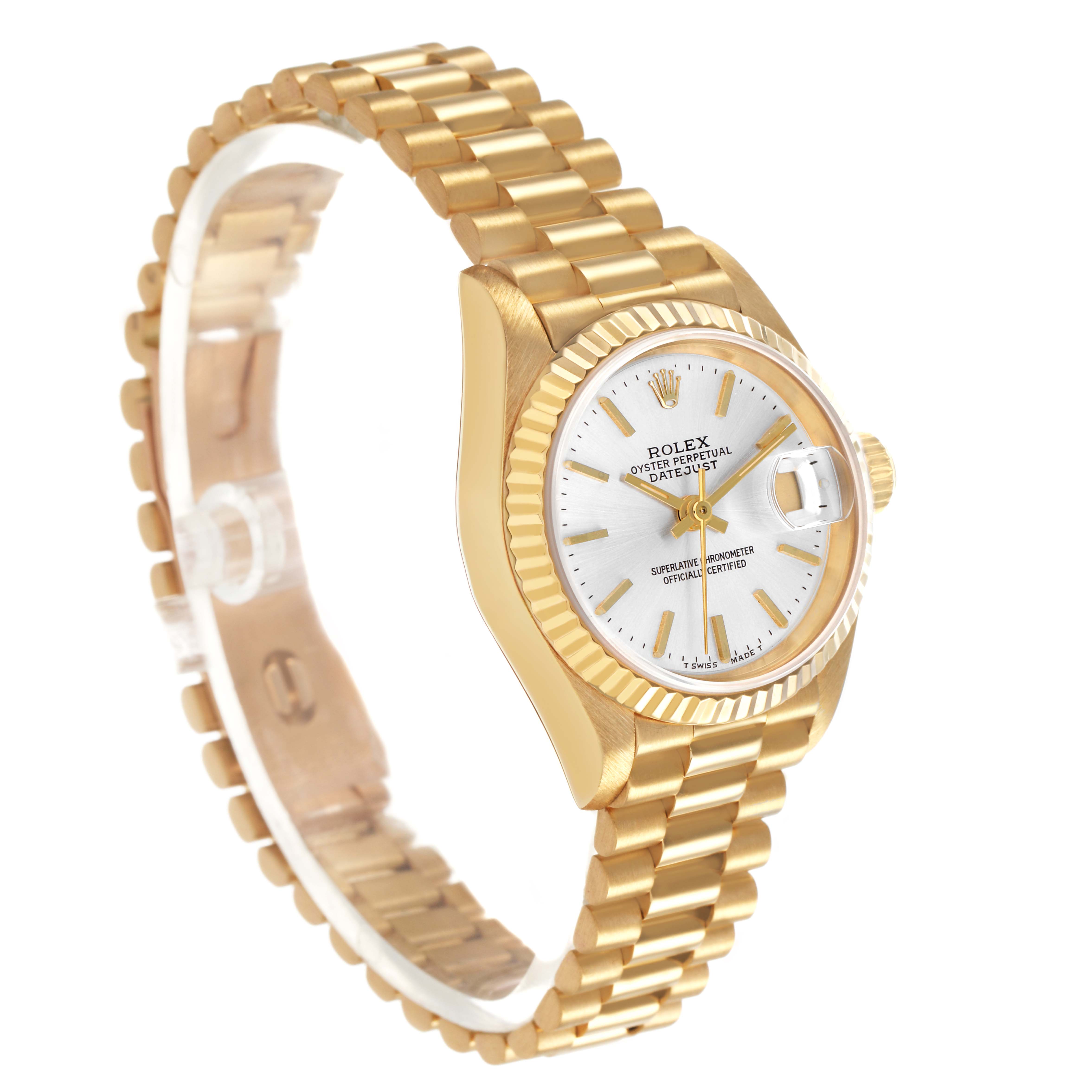 The Rolex President 69178 Women's Yellow Gold Silver Dial model is shown from an angled side view, displaying its gold case, fluted bezel, dial, and bracelet.