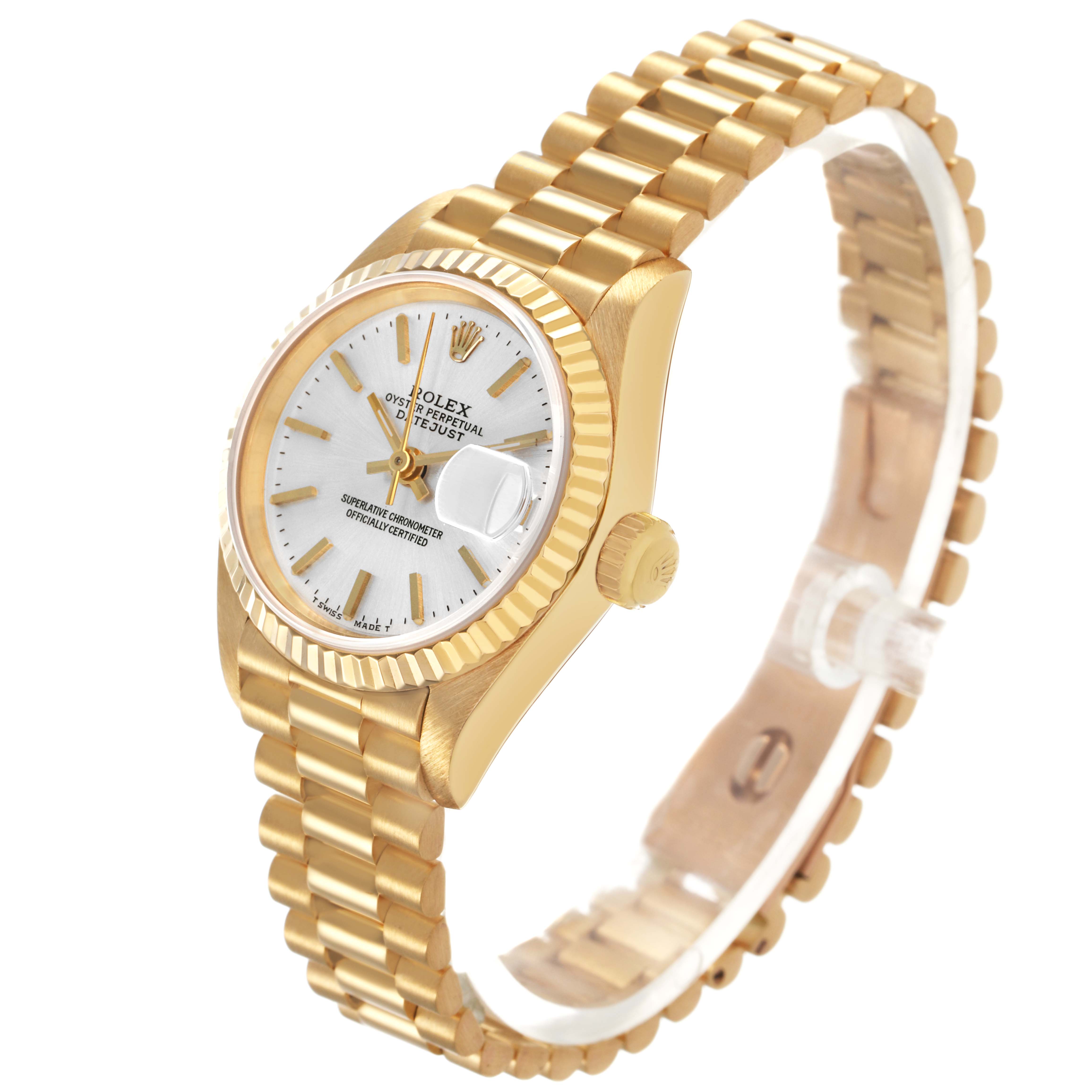The Rolex President 69178 Women's Yellow Gold Silver Dial model watch is shown at a three-quarter angle, highlighting the dial, crown, and bracelet.