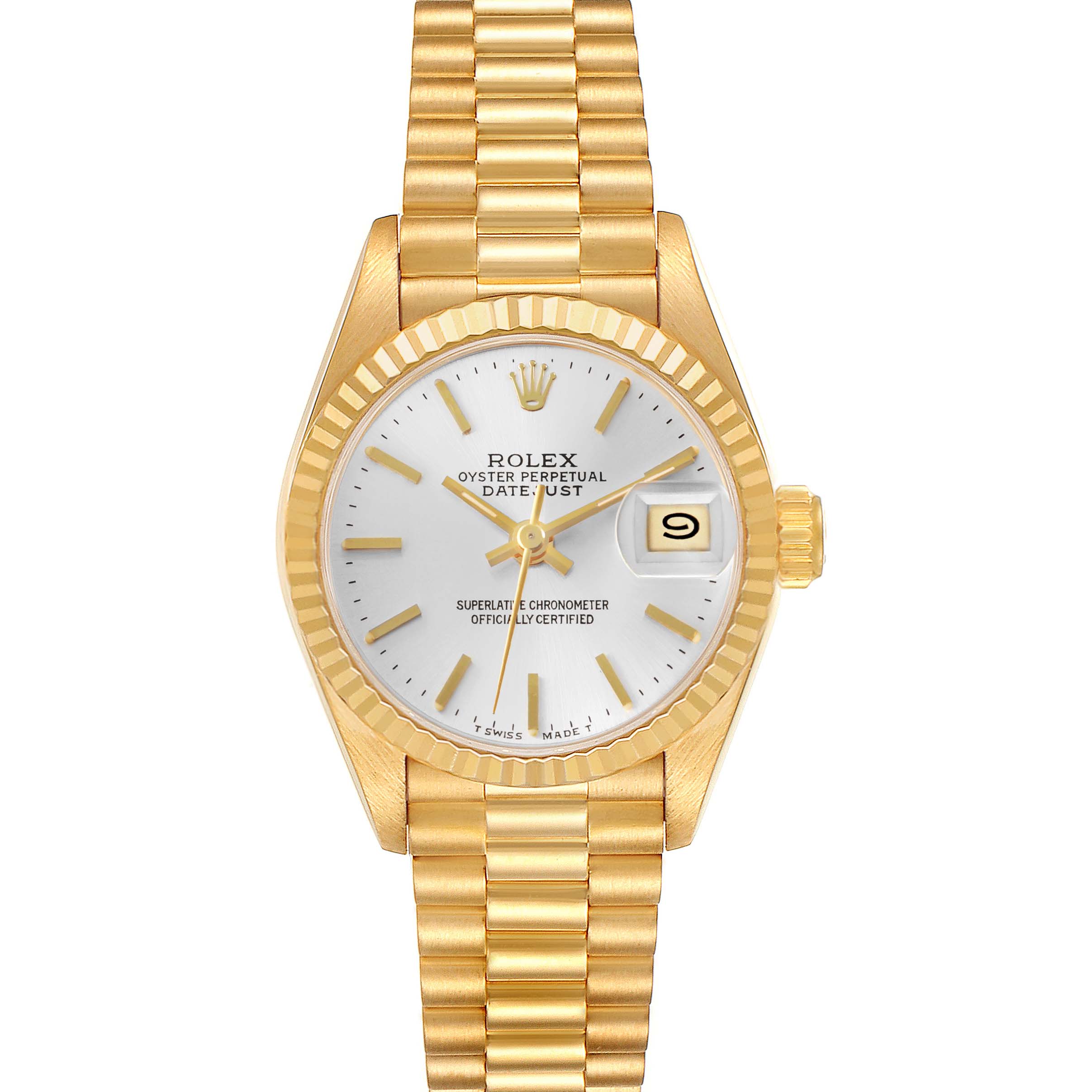 The Rolex President 69178 Women's Yellow Gold Silver Dial model watch is shown from a top-down angle, highlighting the face, bezel, crown, and bracelet.