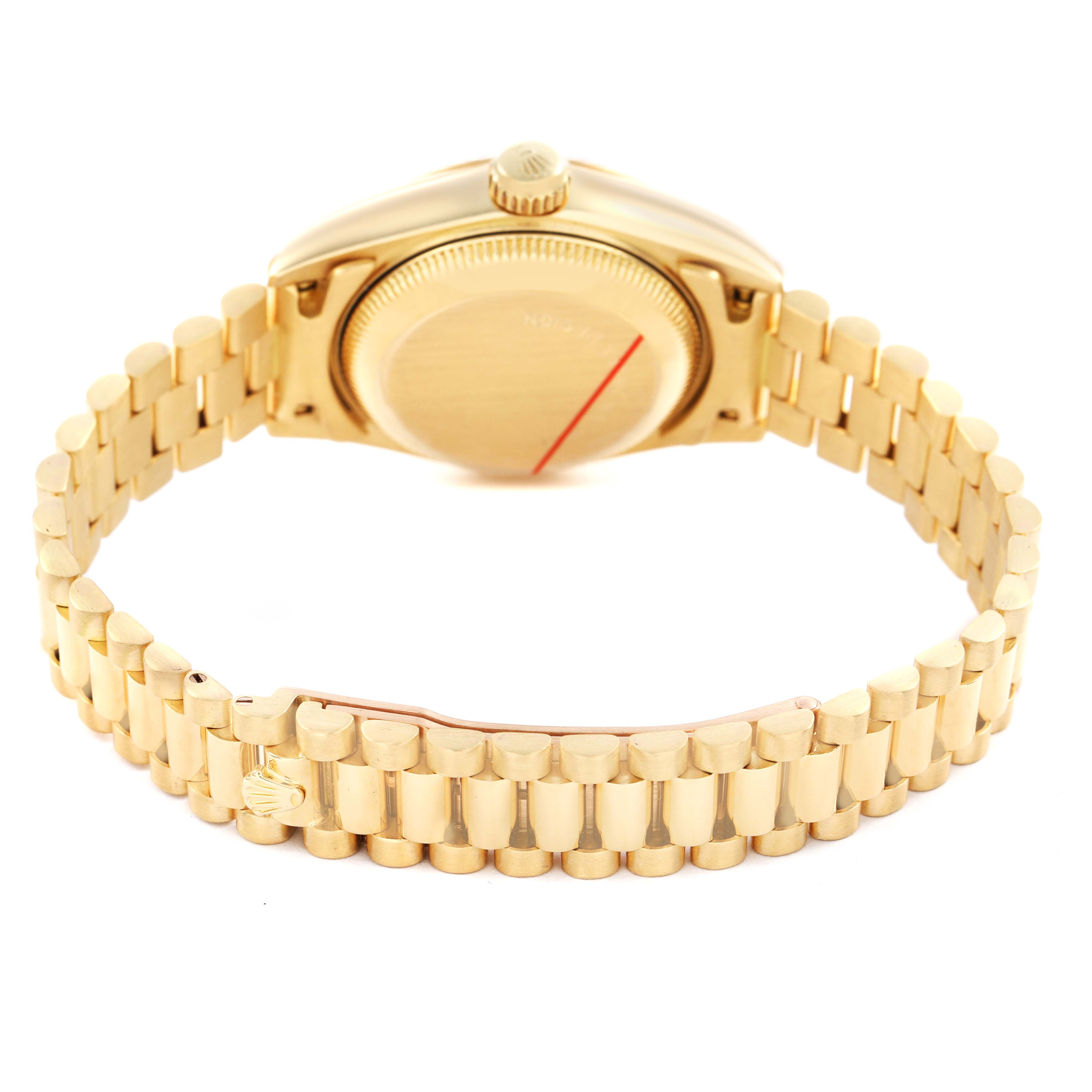 The Rolex President 69178 Women's Yellow Gold Silver Dial watch is shown from the back, displaying the case back, crown, and the gold bracelet.