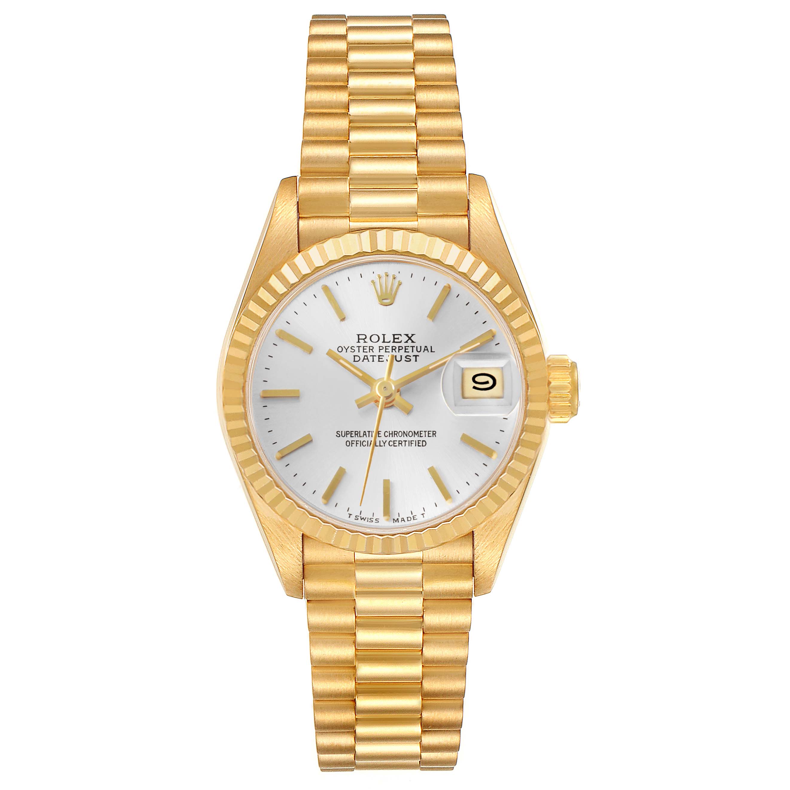 The image shows a front view of the Rolex President 69178 Women's Yellow Gold Silver Dial model watch, highlighting its gold bracelet, fluted bezel, and date window.