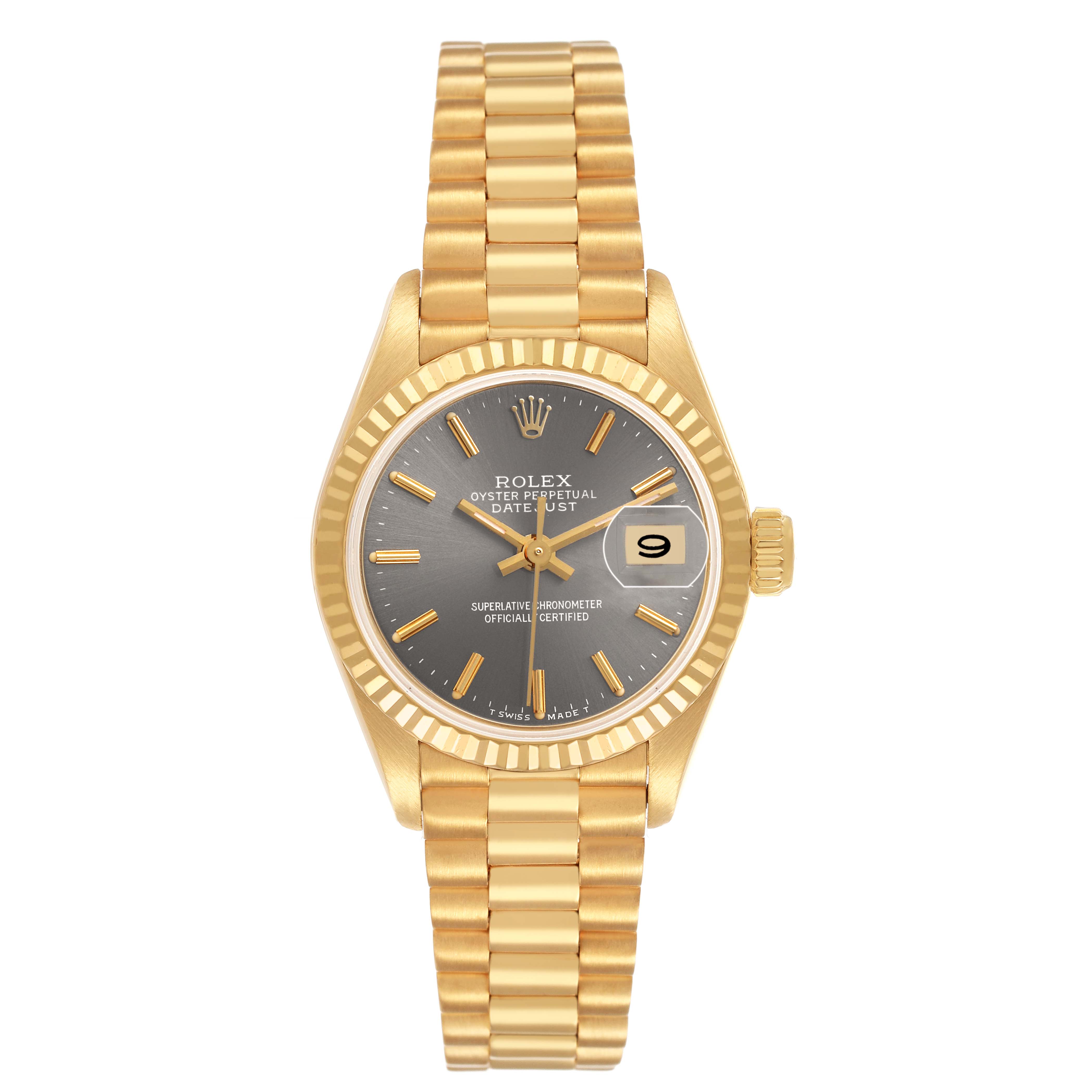 The Rolex President 69178 Women's Yellow Gold Grey Dial model is shown from the front, highlighting the dial, fluted bezel, and President bracelet.