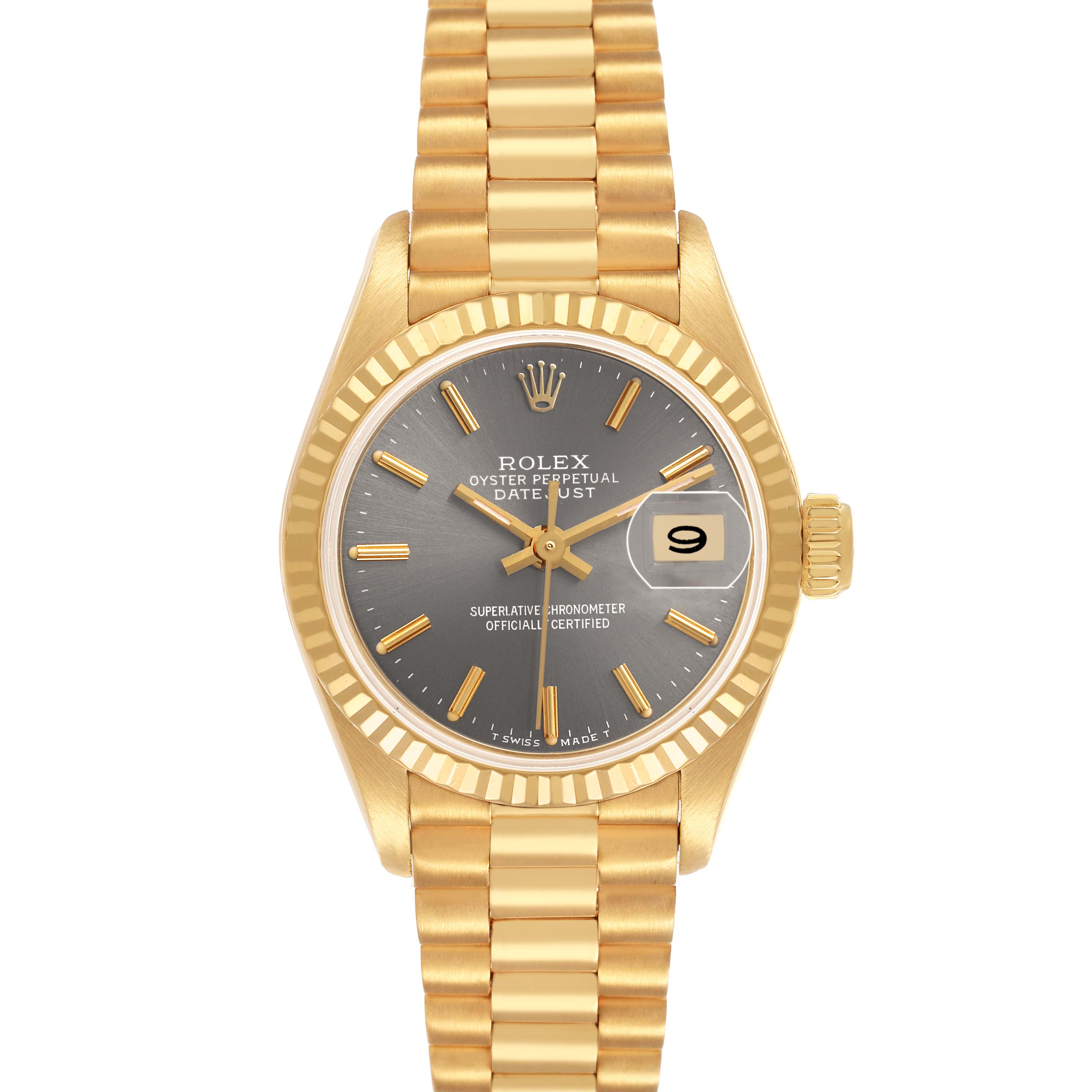 The image shows a front view of the Rolex President 69178 Women's Yellow Gold Grey Dial model, displaying the dial, bezel, and bracelet clearly.