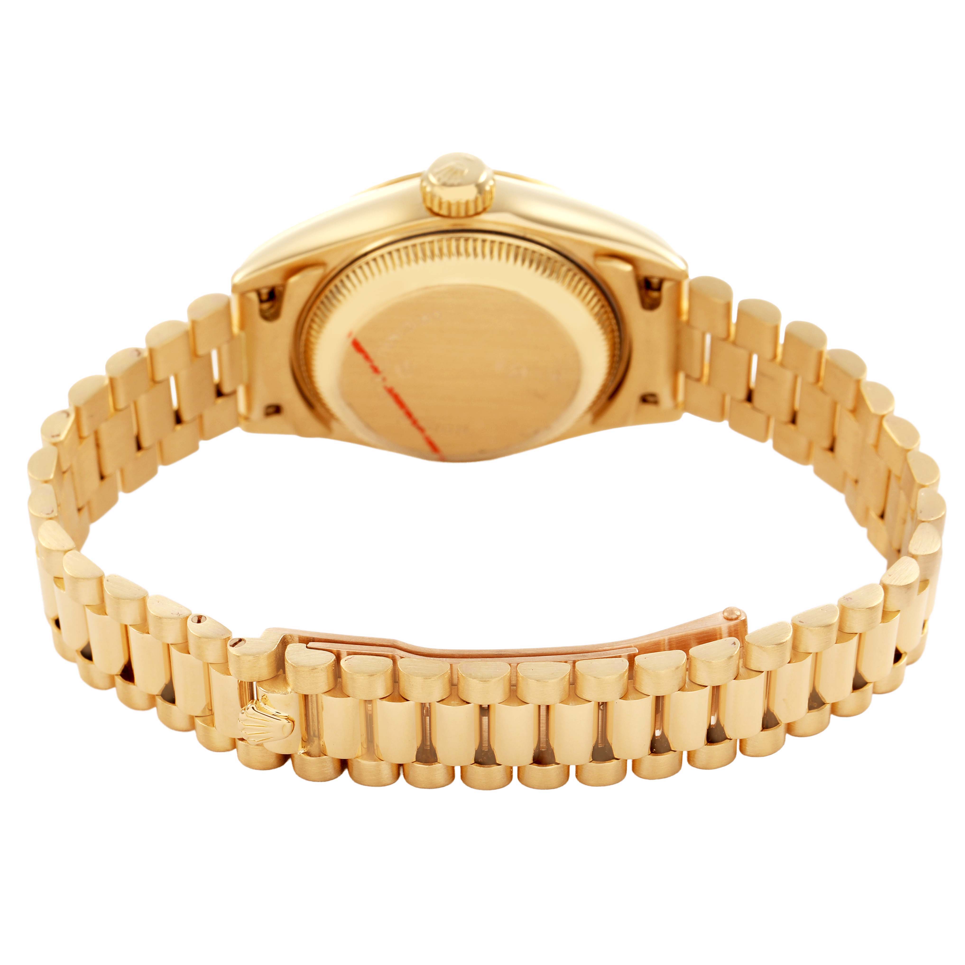 The Rolex President 69178 Women's Yellow Gold Grey Dial model is shown from the back, highlighting the case back, bezel, and bracelet.