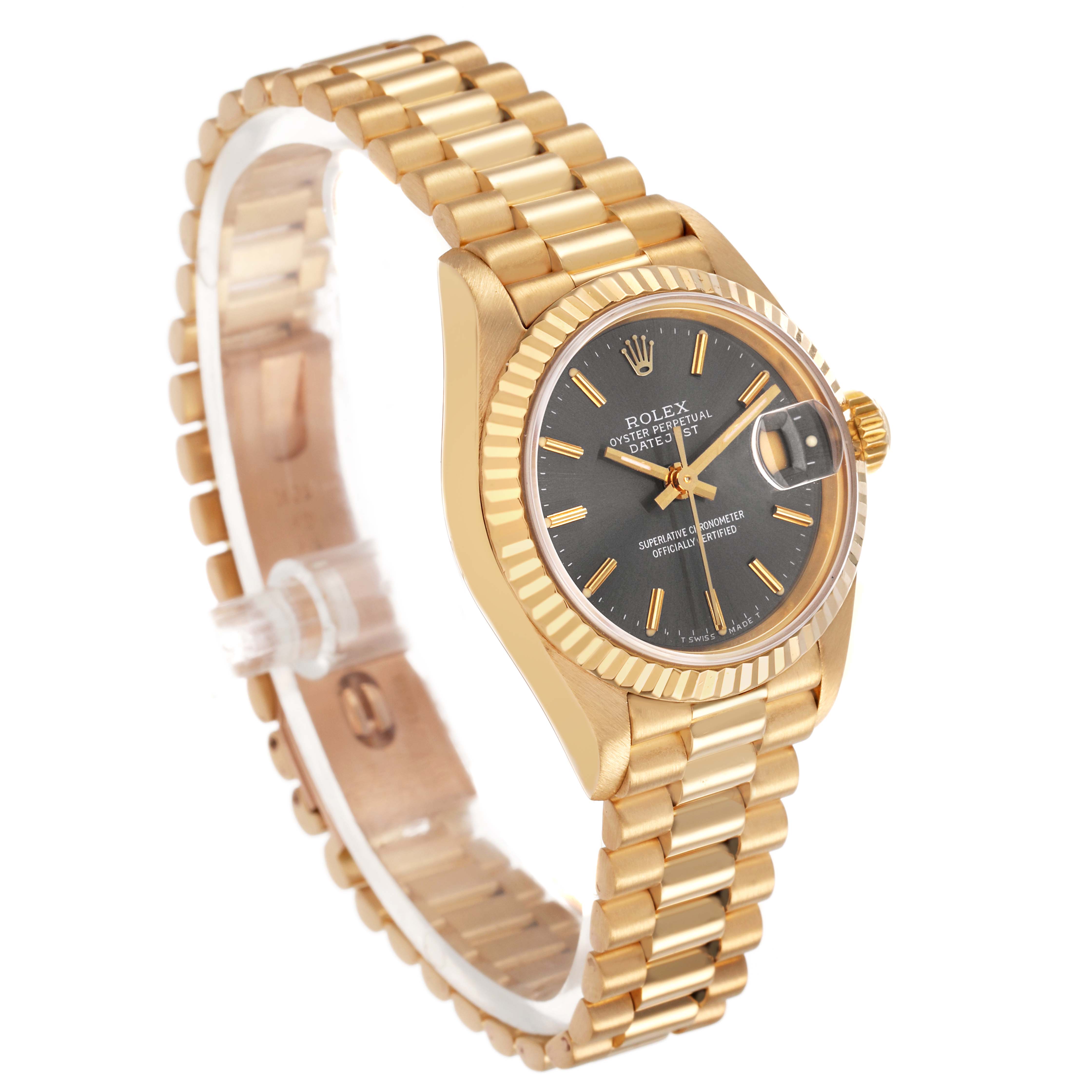 The Rolex President 69178 Women's Yellow Gold Grey Dial model watch is shown at an angled side view, highlighting the dial, bracelet, and fluted bezel.