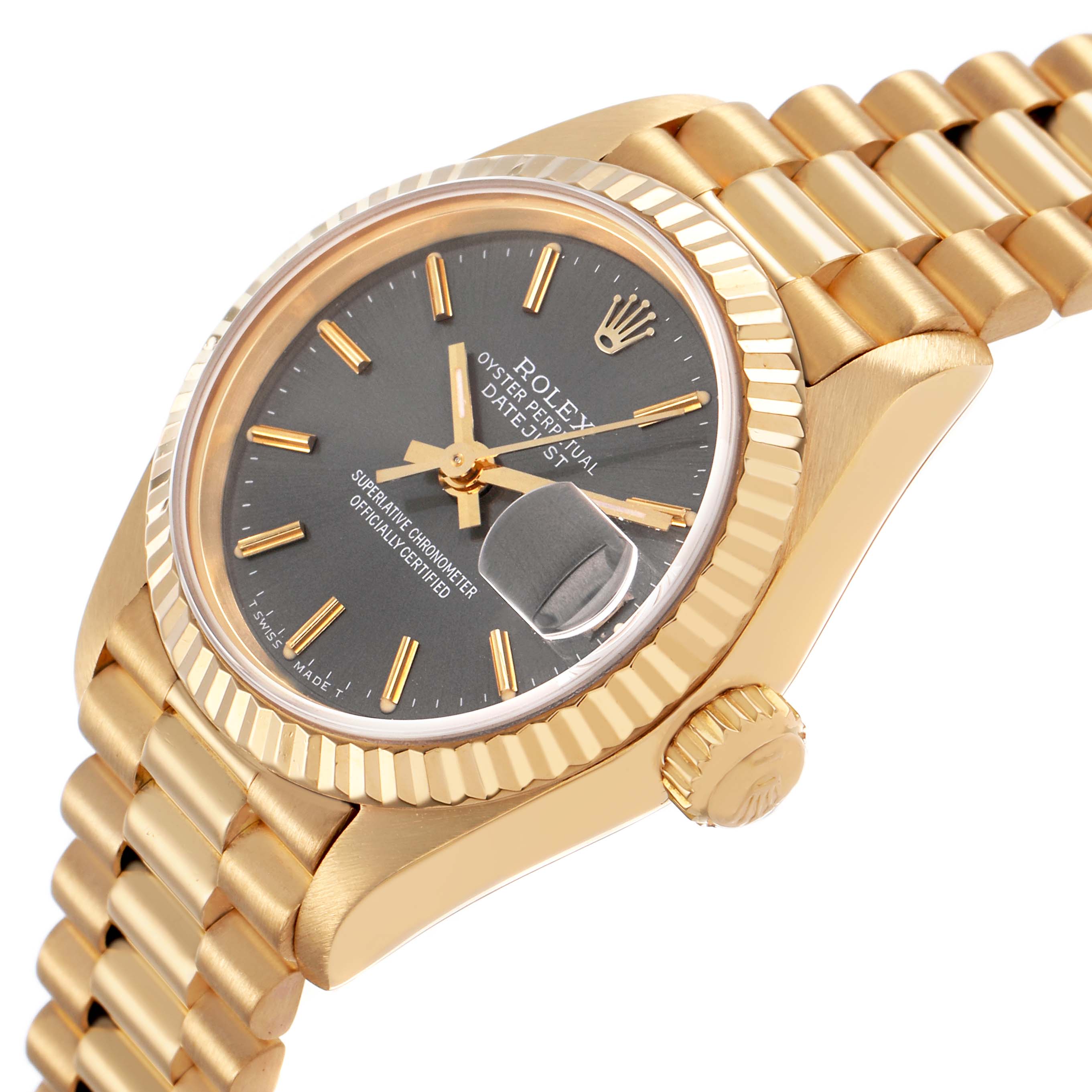 The Rolex President 69178 Women's Yellow Gold Grey Dial watch is shown from a three-quarter angle, highlighting its gold case, black dial, bezel, crown, and bracelet.