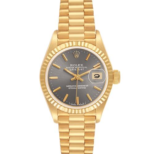 The Rolex President 69178 Women's Yellow Gold Grey Dial model watch is shown from a top-down view, displaying the face, bezel, and bracelet clearly.