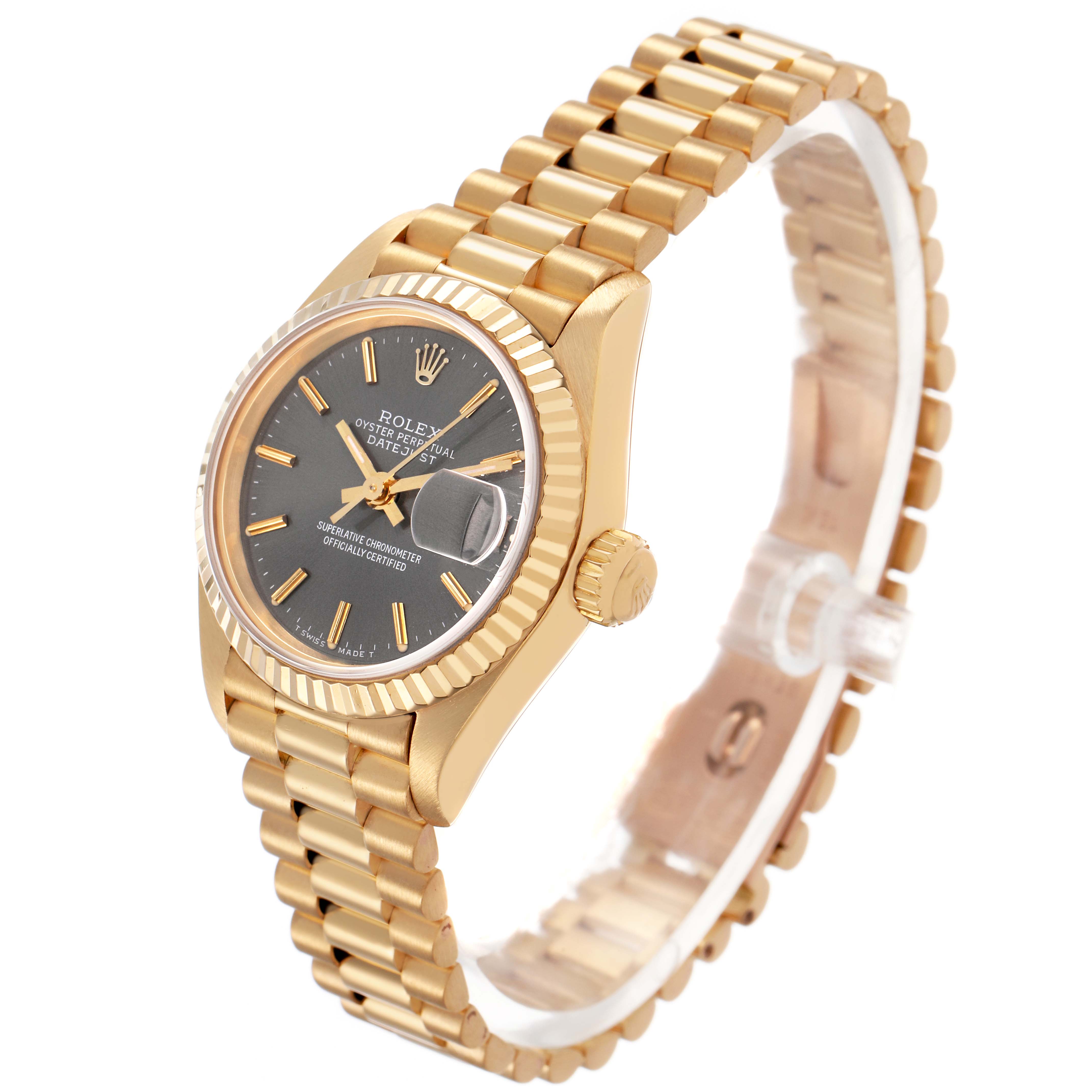 The Rolex President 69178 Women's Yellow Gold Grey Dial model watch is shown at an angle highlighting the face, bezel, crown, and bracelet.