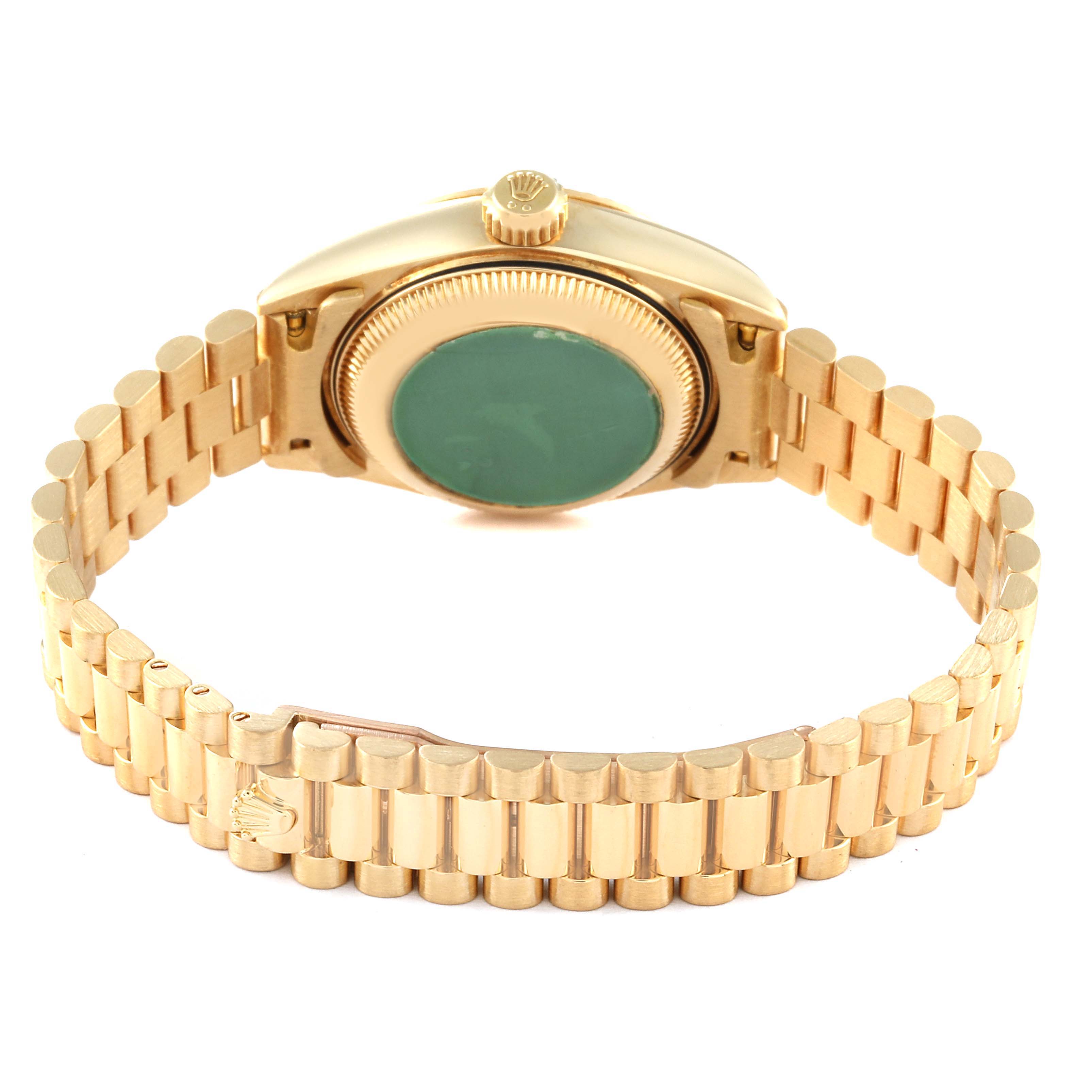 This image shows the back view of a Rolex President 79178 Women
s Yellow Gold Champagne Dial 79178 Women
s Yellow Gold Champagne Dial model watch, highlighting the case back, crown, and bracelet.