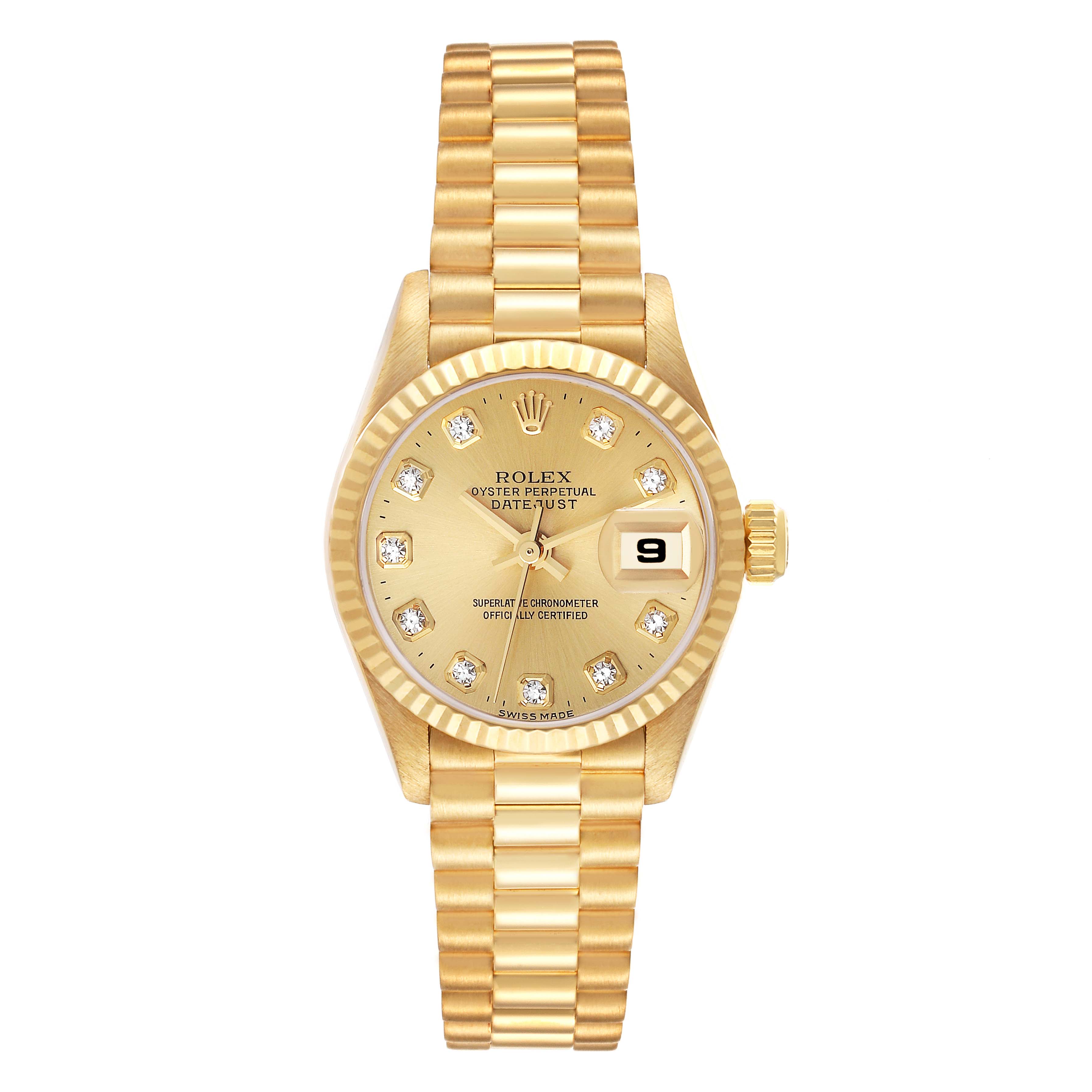 The Rolex President 79178 Women
s Yellow Gold Champagne Dial 79178 Women
s Yellow Gold Champagne Dial model watch is shown from a top-down angle, highlighting its gold band, dial, and date window.
