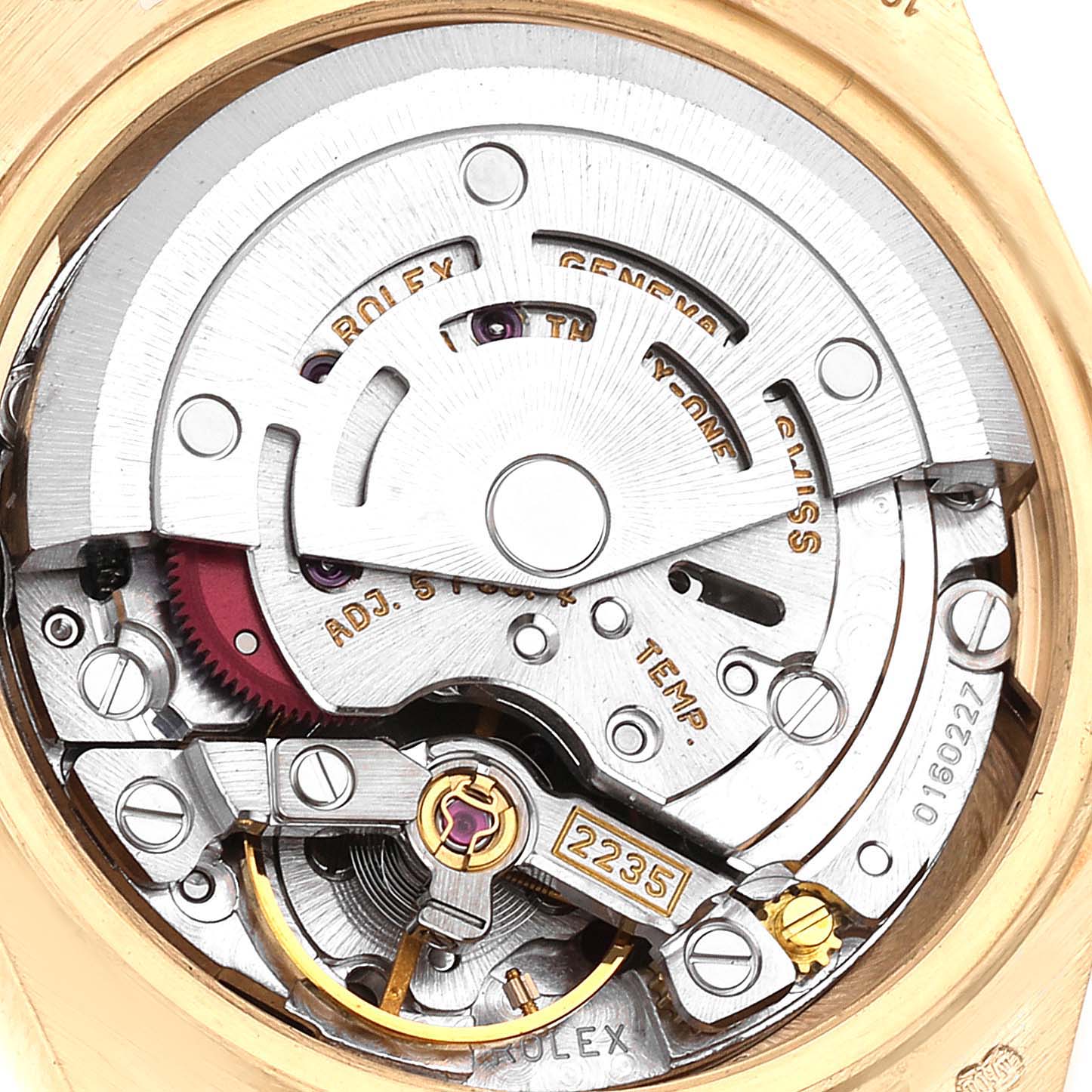This image shows a close-up of the Rolex President 79178 Women
s Yellow Gold Champagne Dial 79178 Women
s Yellow Gold Champagne Dial model
s watch movement and internal parts.