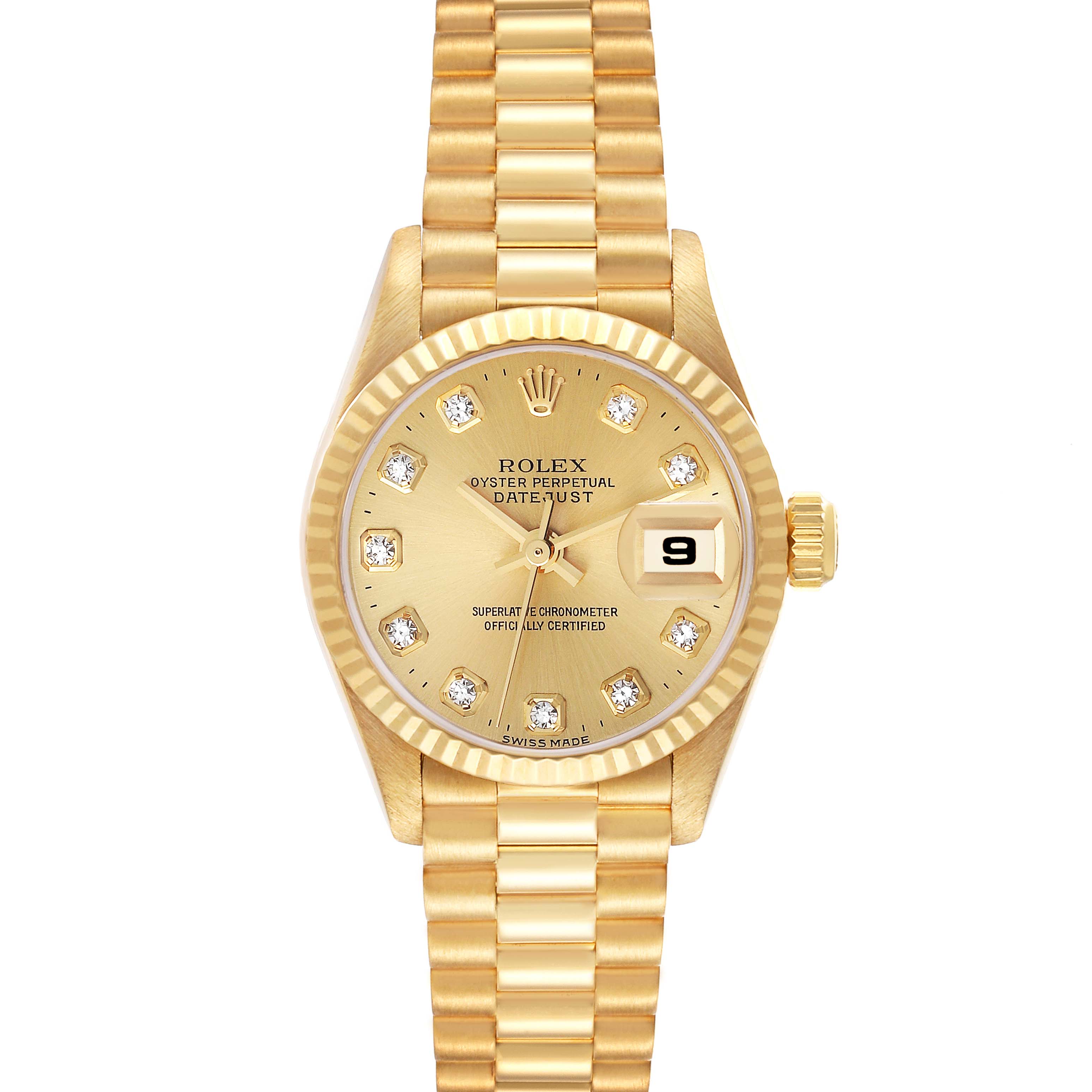 The image shows a frontal view of a gold Rolex President 79178 Women
s Yellow Gold Champagne Dial 79178 Women
s Yellow Gold Champagne Dial model watch, showcasing its dial, bezel, and bracelet.