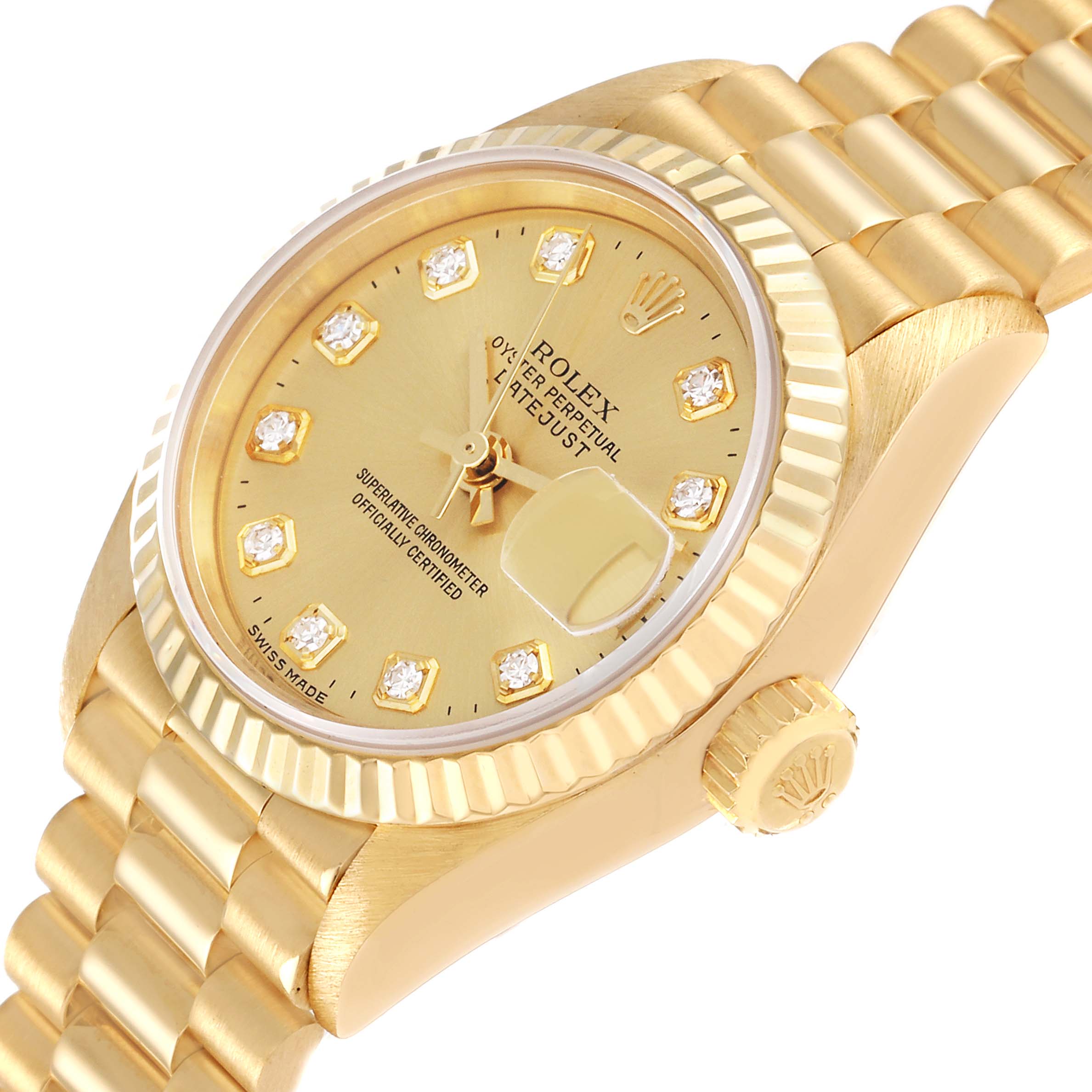This image shows a close-up angle of the Rolex President 79178 Women
s Yellow Gold Champagne Dial 79178 Women
s Yellow Gold Champagne Dial model, highlighting its dial, fluted bezel, and bracelet.