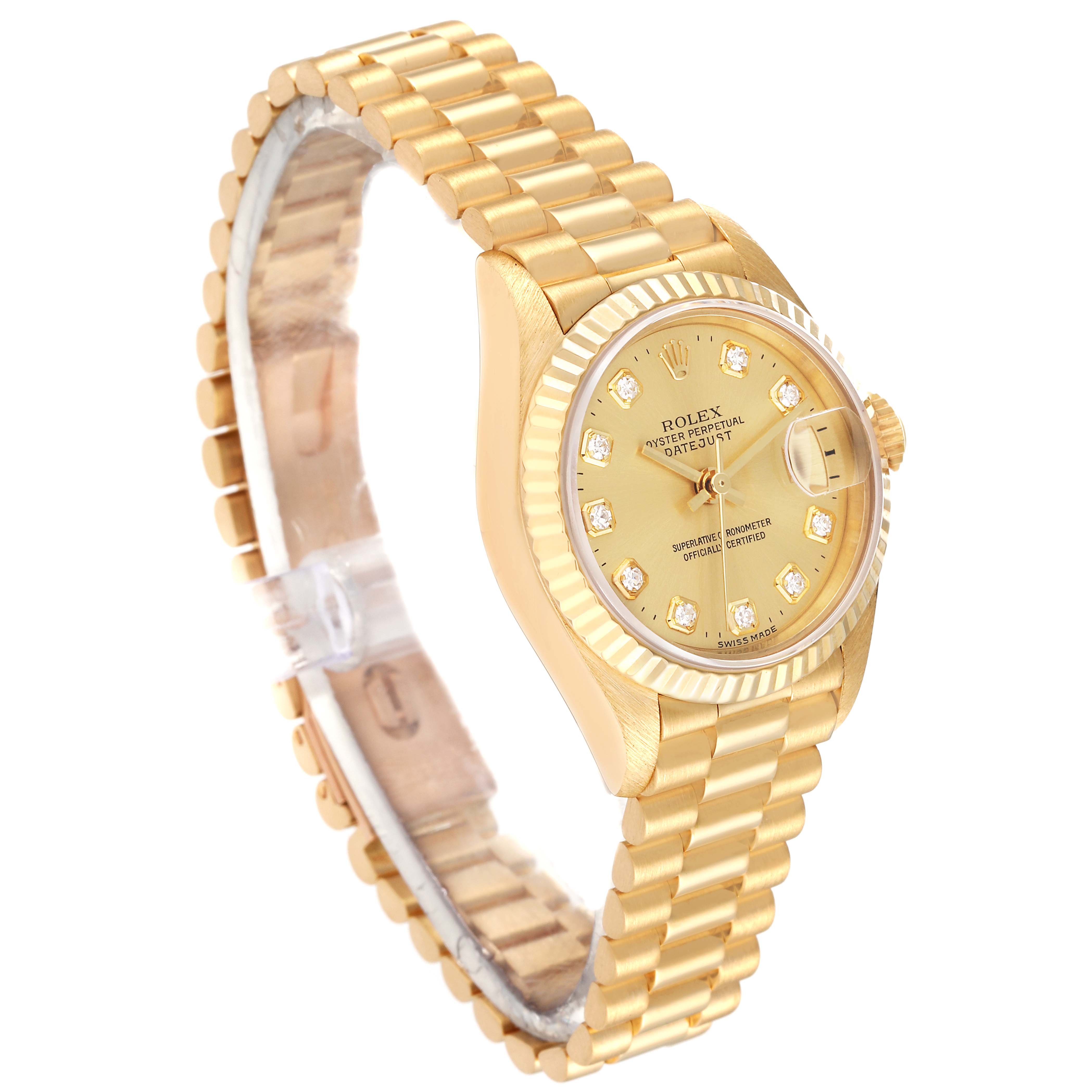 This image shows a Rolex President 79178 Women
s Yellow Gold Champagne Dial 79178 Women
s Yellow Gold Champagne Dial model watch from a tilted side angle, displaying the bracelet, face, bezel, and crown.
