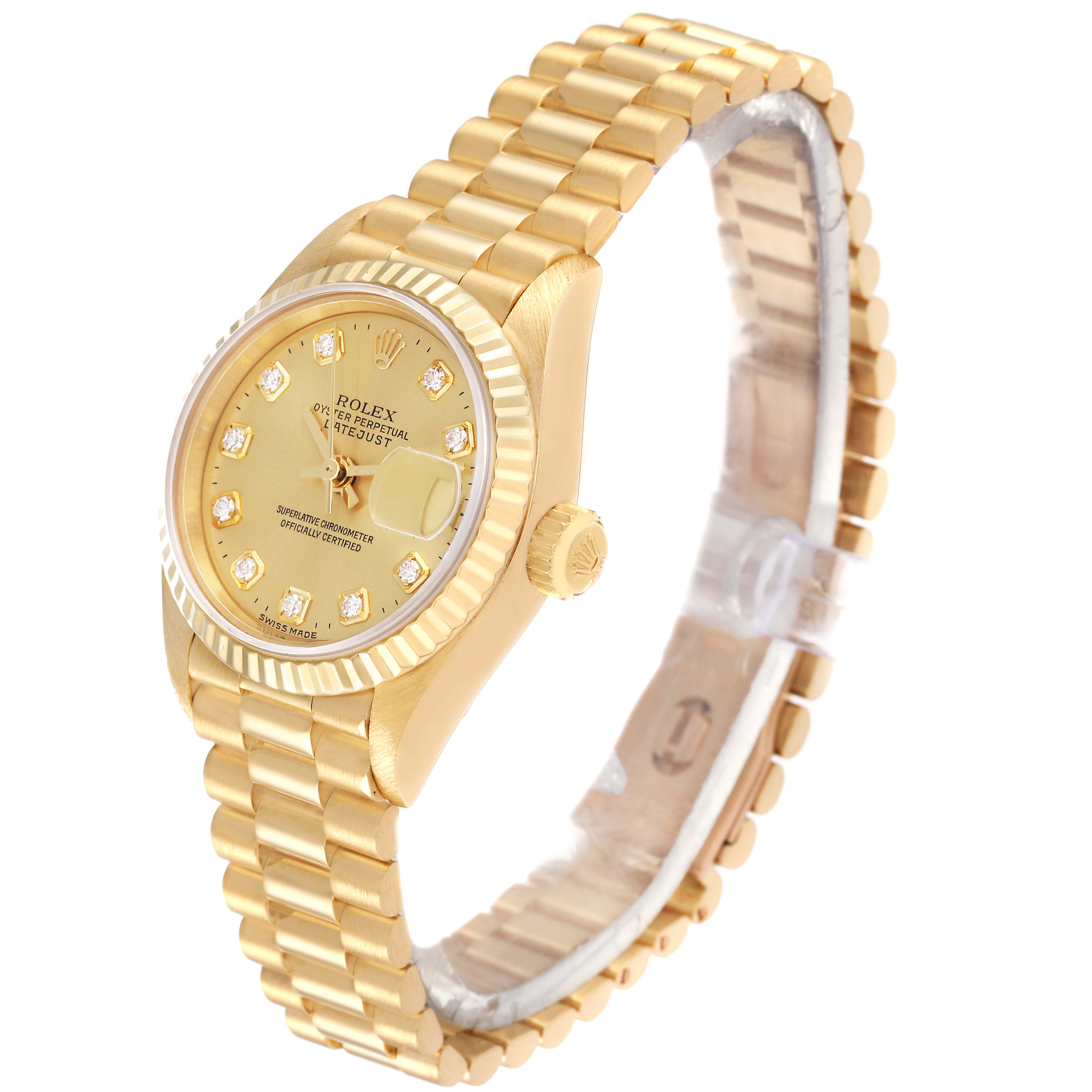 This image shows a Rolex President 79178 Women
s Yellow Gold Champagne Dial 79178 Women
s Yellow Gold Champagne Dial model watch at a three-quarter angle displaying the face, bezel, crown, and bracelet.