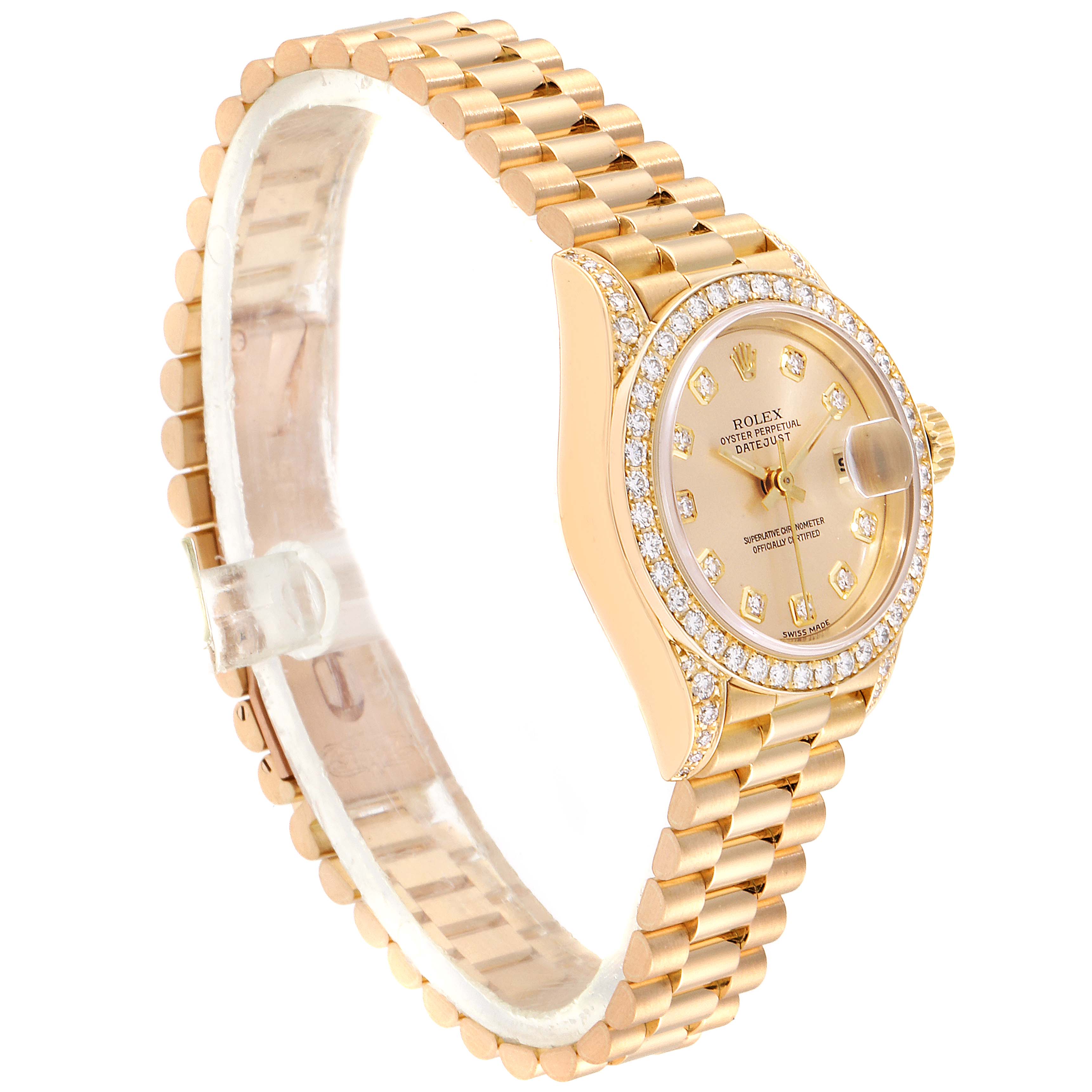 The image shows a Rolex President 69158 Women
s Yellow Gold Champagne Dial 69158 Women
s Yellow Gold Champagne Dial model watch from a front-angle, highlighting the dial, bezel, and bracelet.