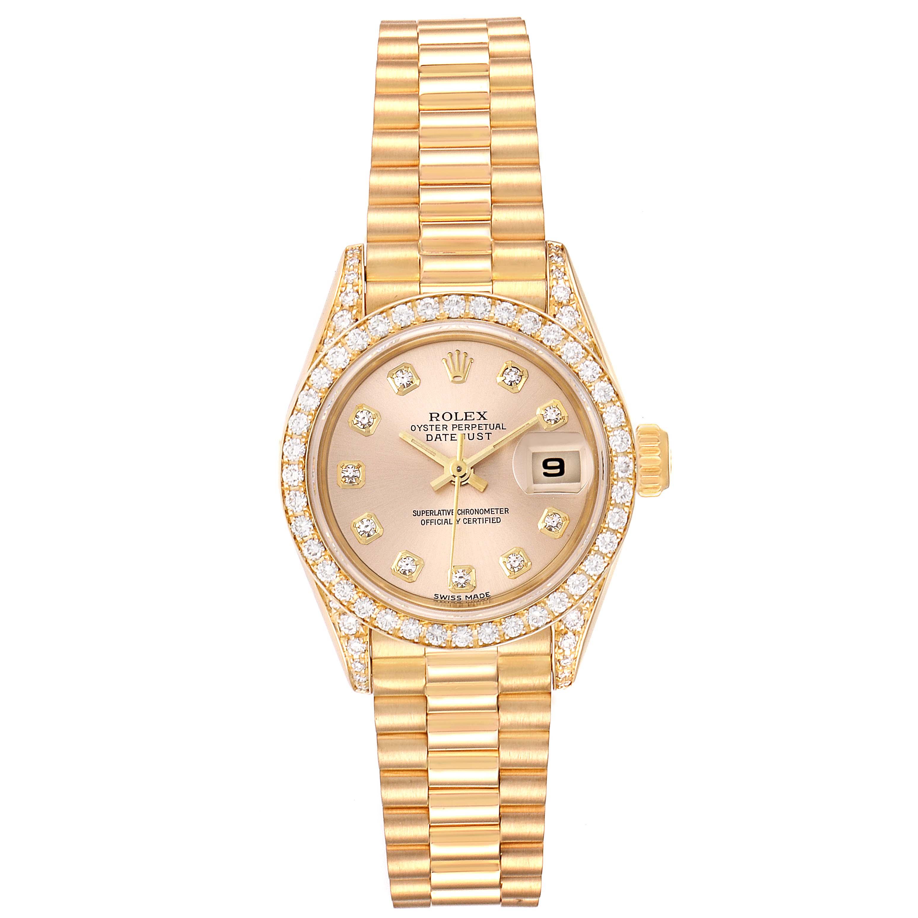 This image shows a frontal view of the Rolex President 69158 Women
s Yellow Gold Champagne Dial 69158 Women
s Yellow Gold Champagne Dial model watch, highlighting its dial, bezel, crown, and bracelet.