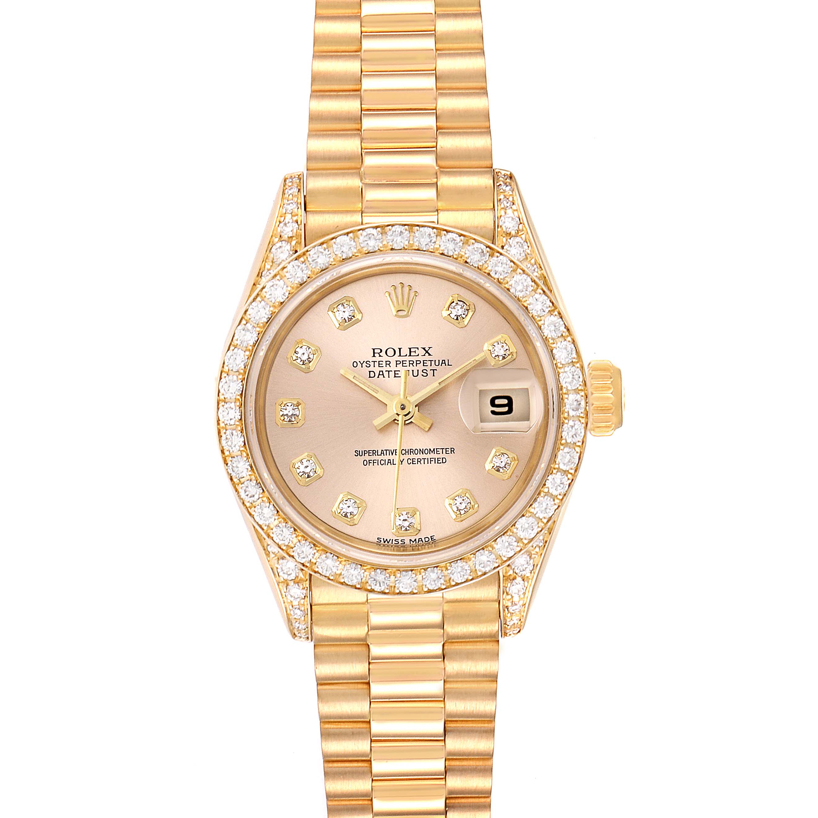 The image shows a Rolex President 69158 Women
s Yellow Gold Champagne Dial 69158 Women
s Yellow Gold Champagne Dial model watch from a top-down angle featuring the dial, hands, date, and bracelet.