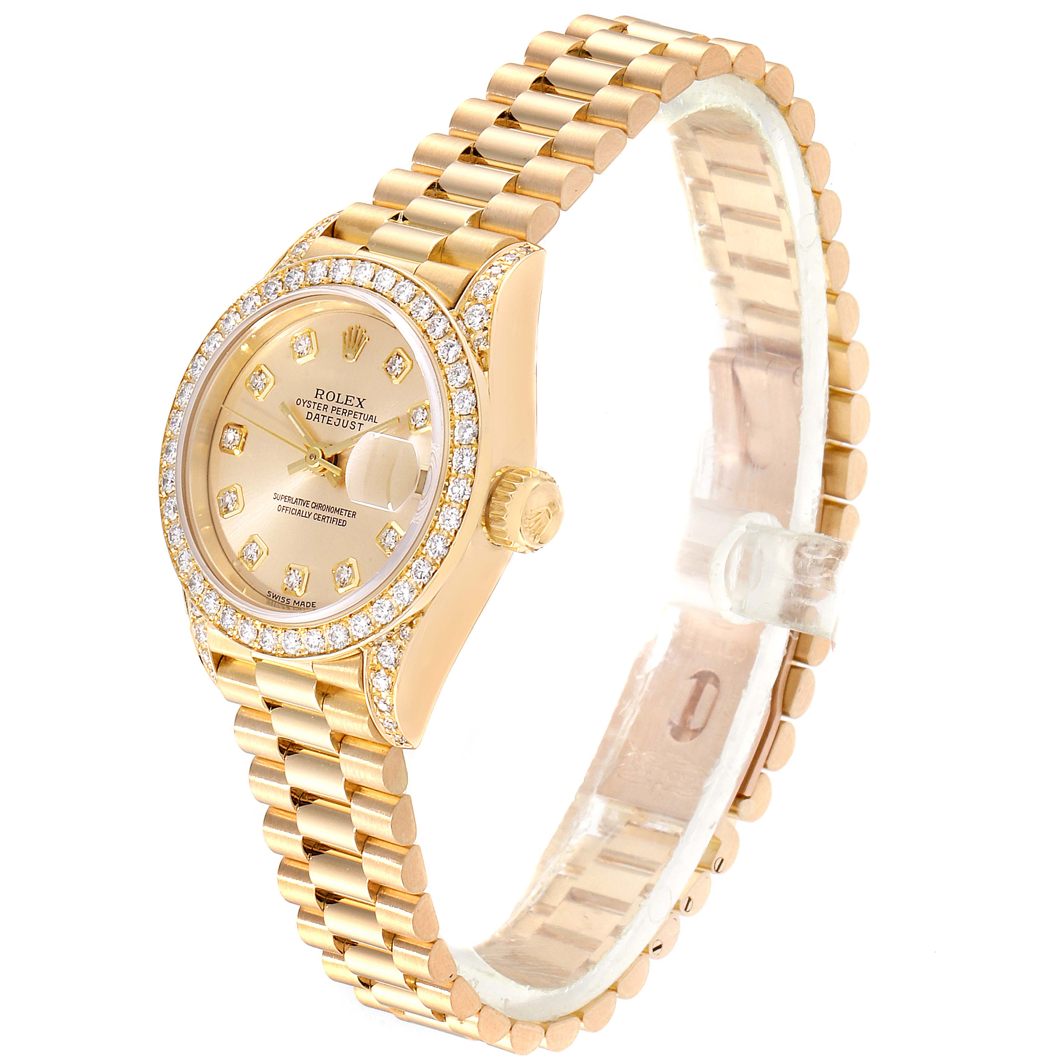 This image shows a side angle of a Rolex President 69158 Women
s Yellow Gold Champagne Dial 69158 Women
s Yellow Gold Champagne Dial model watch, featuring its face, bezel, and bracelet.