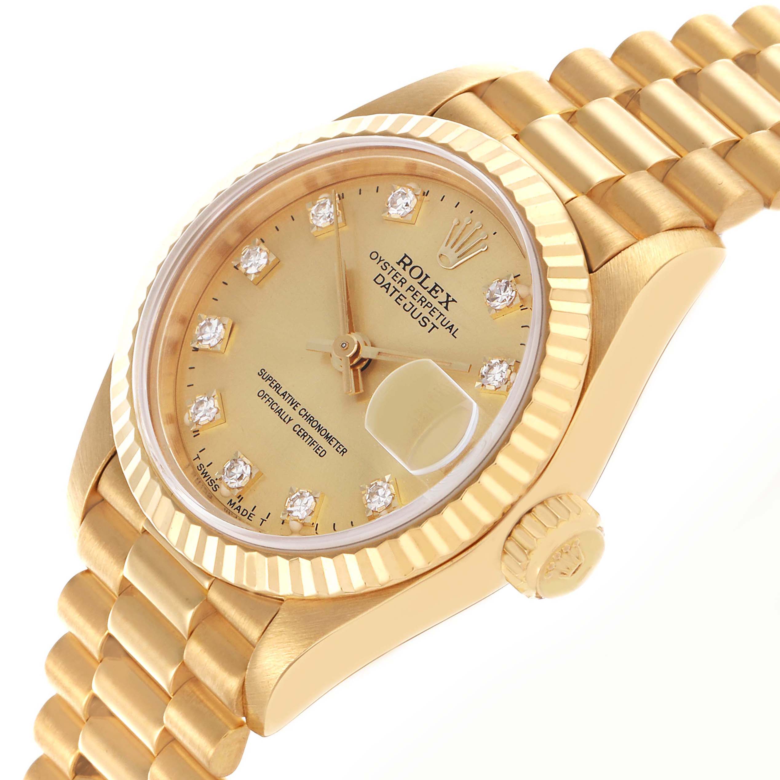 The Rolex President 69178 Women's Yellow Gold Champagne Dial 69178 Women's Yellow Gold Champagne Dial model watch is shown at a 3/4 angle, highlighting the dial, bezel, crown, and bracelet.
