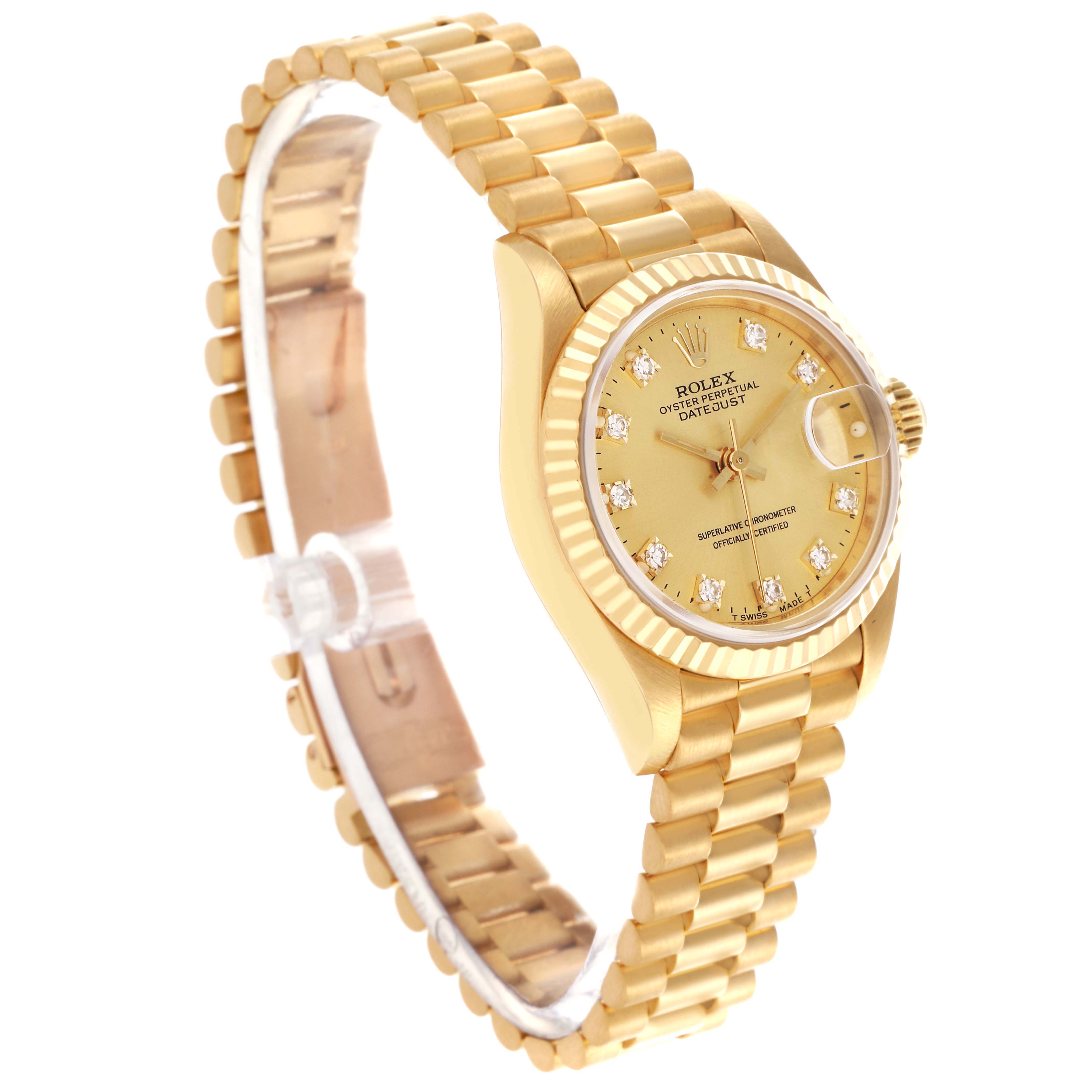 The image shows a Rolex President 69178 Women's Yellow Gold Champagne Dial 69178 Women's Yellow Gold Champagne Dial model watch from a side angle, highlighting the gold bracelet, case, and diamond-accented dial.