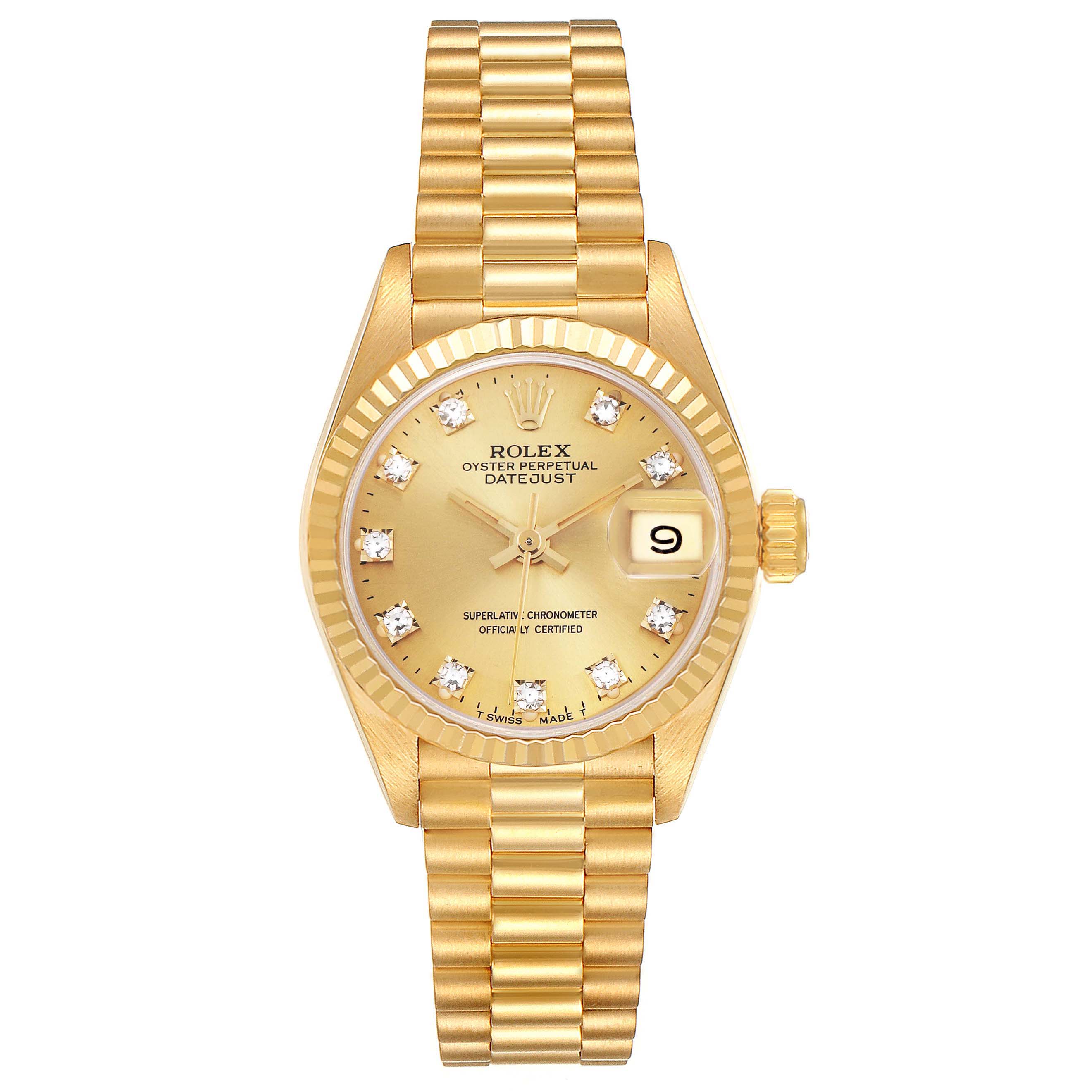 The Rolex President 69178 Women's Yellow Gold Champagne Dial 69178 Women's Yellow Gold Champagne Dial model watch is shown from a top view, showcasing the dial, fluted bezel, bracelet, and date window.