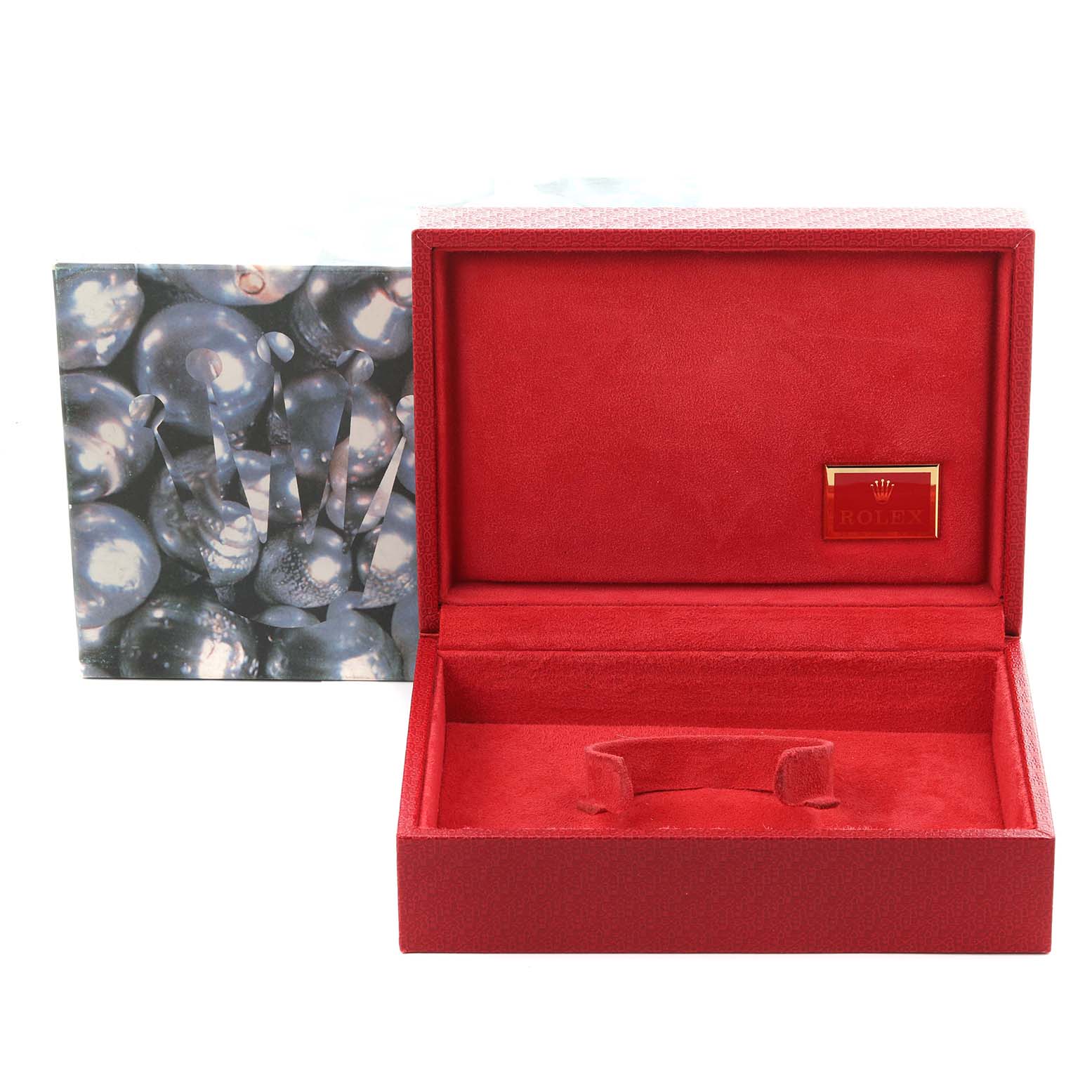 The image shows a red watch box for a Rolex President 69178 Women's Yellow Gold Champagne Dial 69178 Women's Yellow Gold Champagne Dial model. The box is open, displaying the interior logo.