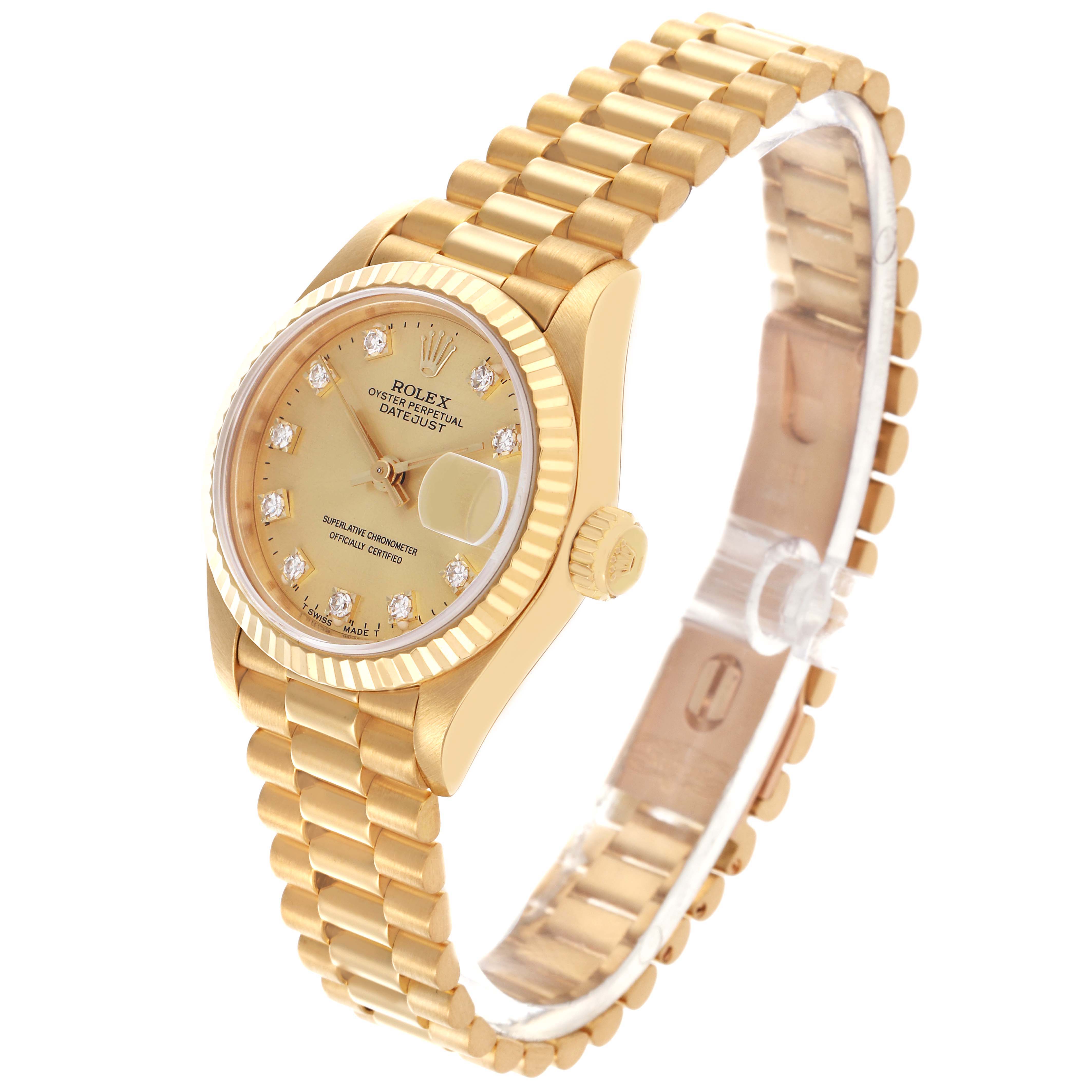 The Rolex President 69178 Women's Yellow Gold Champagne Dial 69178 Women's Yellow Gold Champagne Dial watch is shown at a slight angle, highlighting the dial, bezel, crown, and bracelet.