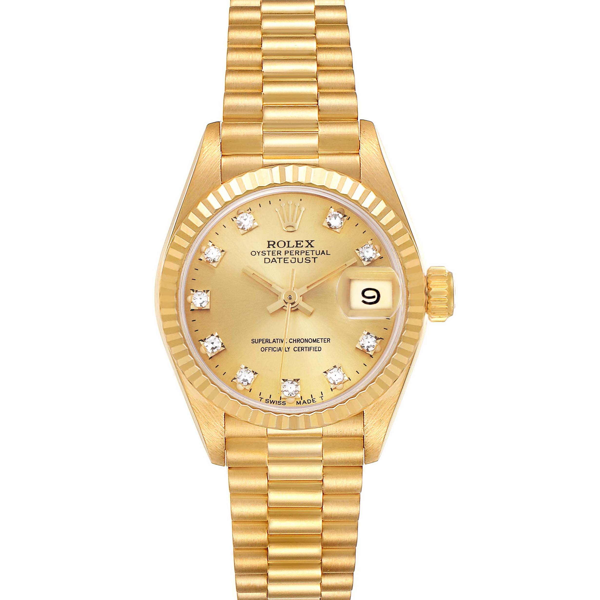 The Rolex President 69178 Women's Yellow Gold Champagne Dial 69178 Women's Yellow Gold Champagne Dial model watch is shown from a top view, displaying the dial, hands, date window, and bracelet.