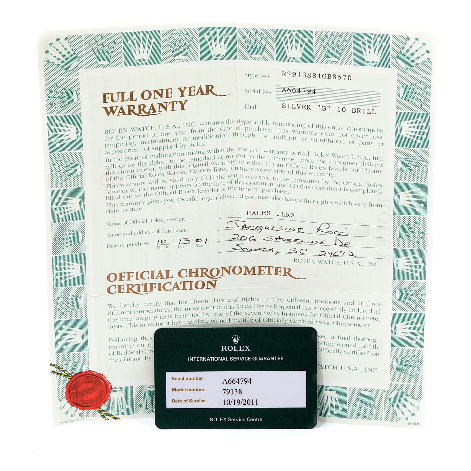 The image shows a warranty document and an international service guarantee card for a Rolex President 79138 Women
s Yellow Gold Silver Dial 79138 Women
s Yellow Gold Silver Dial model watch.