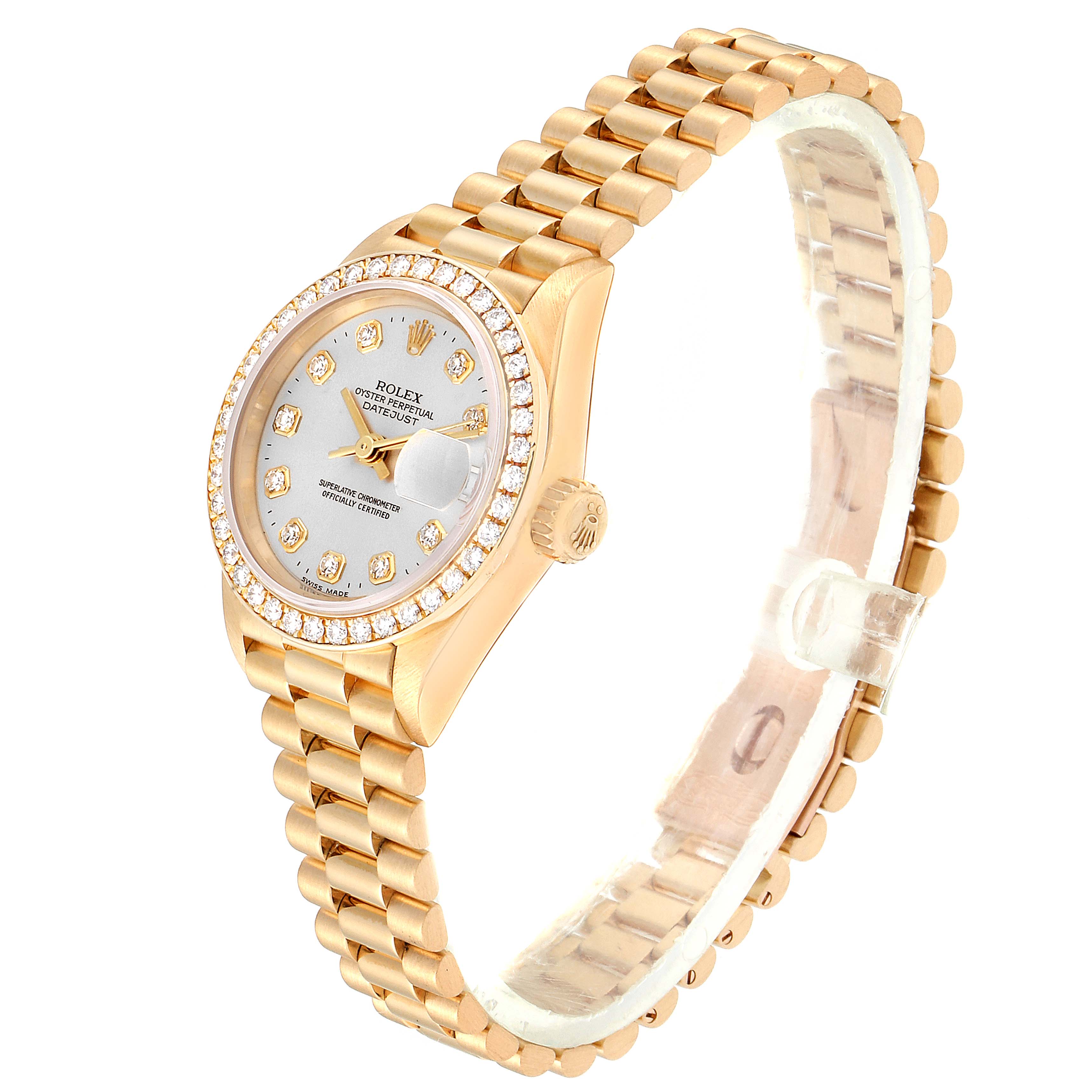 The image shows a side and partial top view of a Rolex President 79138 Women
s Yellow Gold Silver Dial 79138 Women
s Yellow Gold Silver Dial model watch, highlighting the bracelet, dial, and bezel.