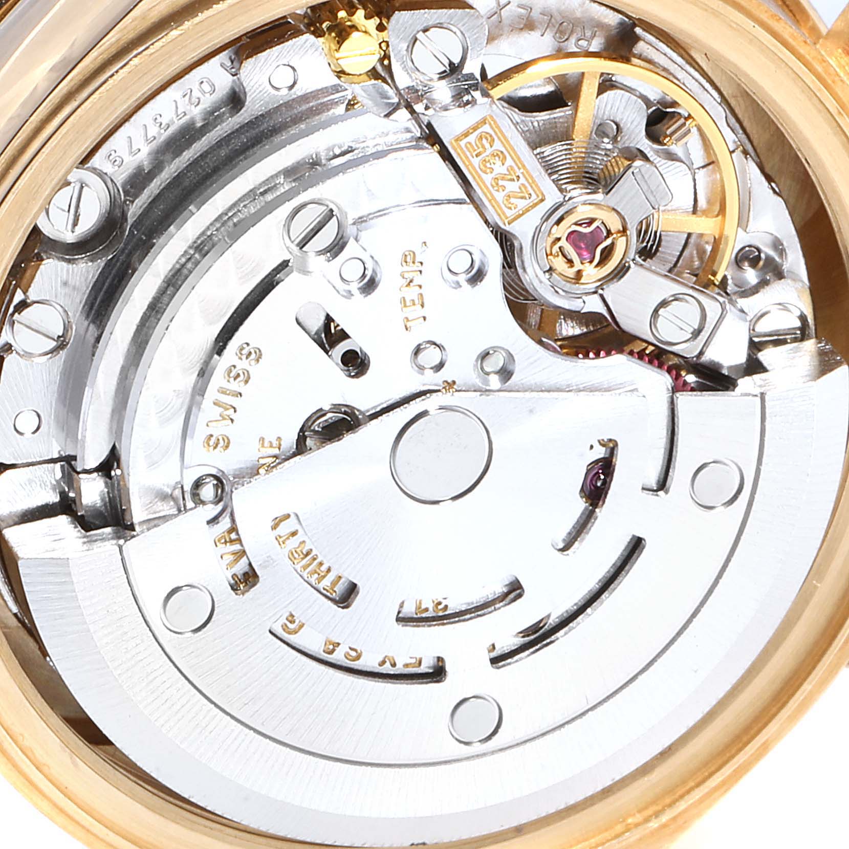 This image shows the inner mechanical movement of the Rolex President 79138 Women
s Yellow Gold Silver Dial 79138 Women
s Yellow Gold Silver Dial model watch.