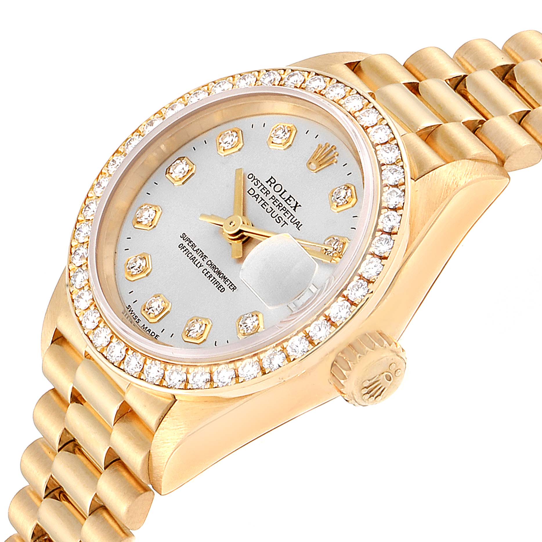 The image shows a close-up angled view of a Rolex President 79138 Women
s Yellow Gold Silver Dial 79138 Women
s Yellow Gold Silver Dial model, highlighting the face, bezel, and bracelet.