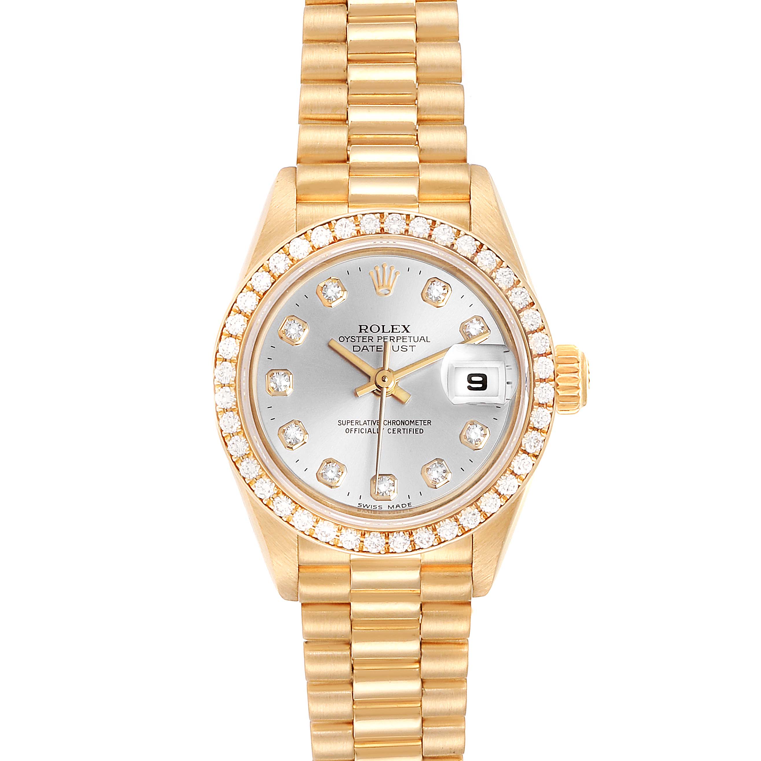 The image shows a front view of a Rolex President 79138 Women
s Yellow Gold Silver Dial 79138 Women
s Yellow Gold Silver Dial model watch with a gold band, diamond bezel, and silver dial.