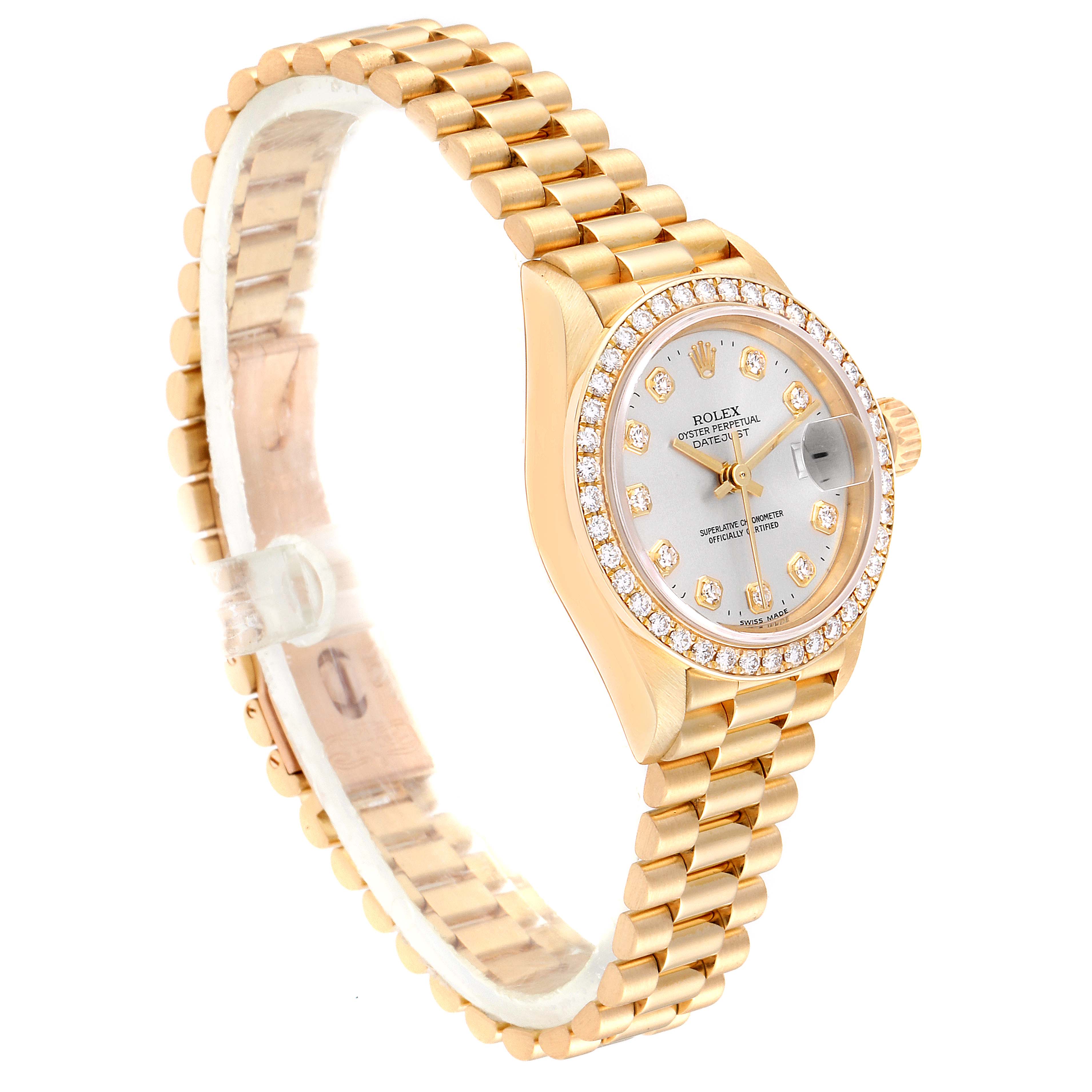 The image shows the side view of a Rolex President 79138 Women
s Yellow Gold Silver Dial 79138 Women
s Yellow Gold Silver Dial model watch, highlighting its gold bracelet, bezel, and dial.