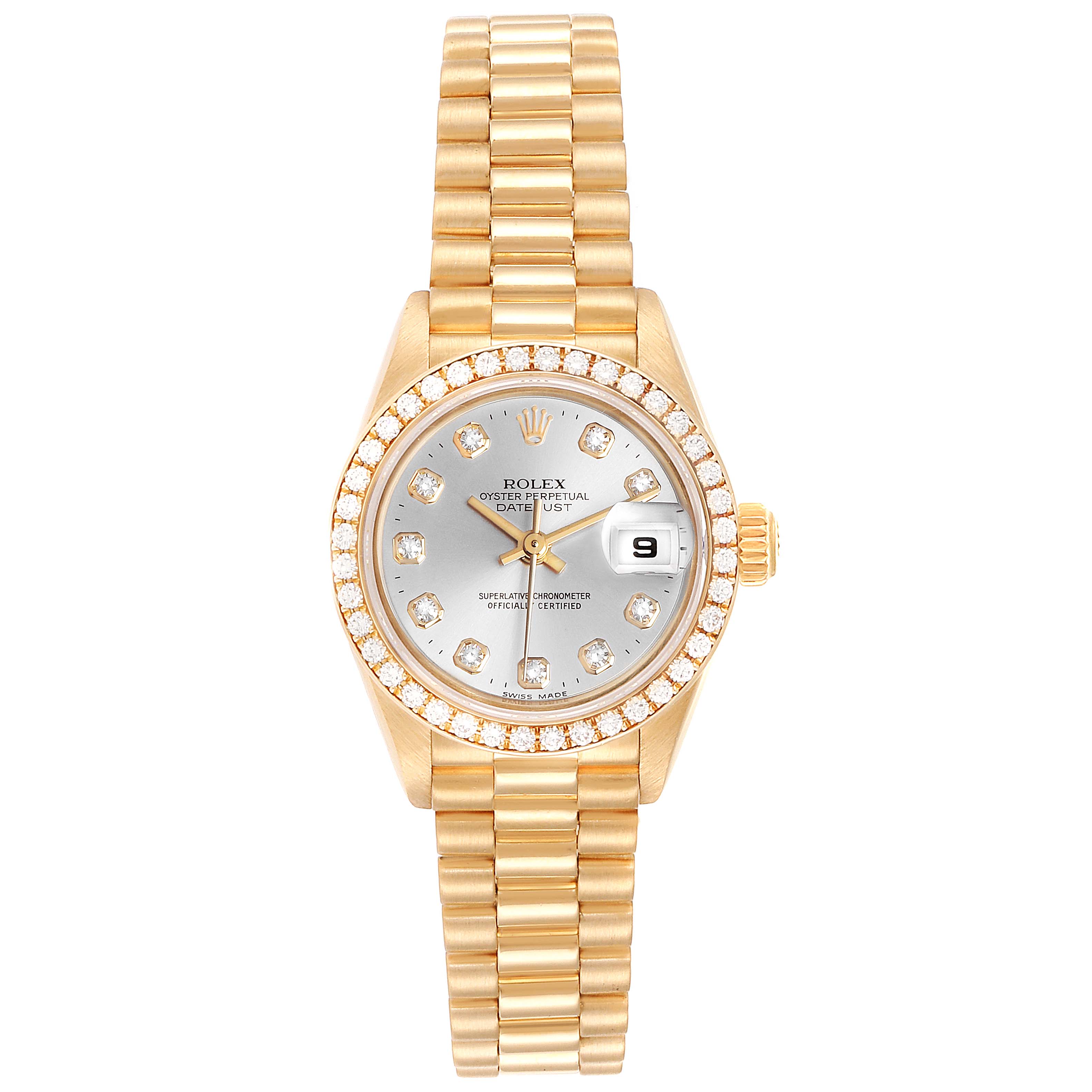 The image shows the dial, bezel, and bracelet of a Rolex President 79138 Women
s Yellow Gold Silver Dial 79138 Women
s Yellow Gold Silver Dial model watch, viewed from the front.