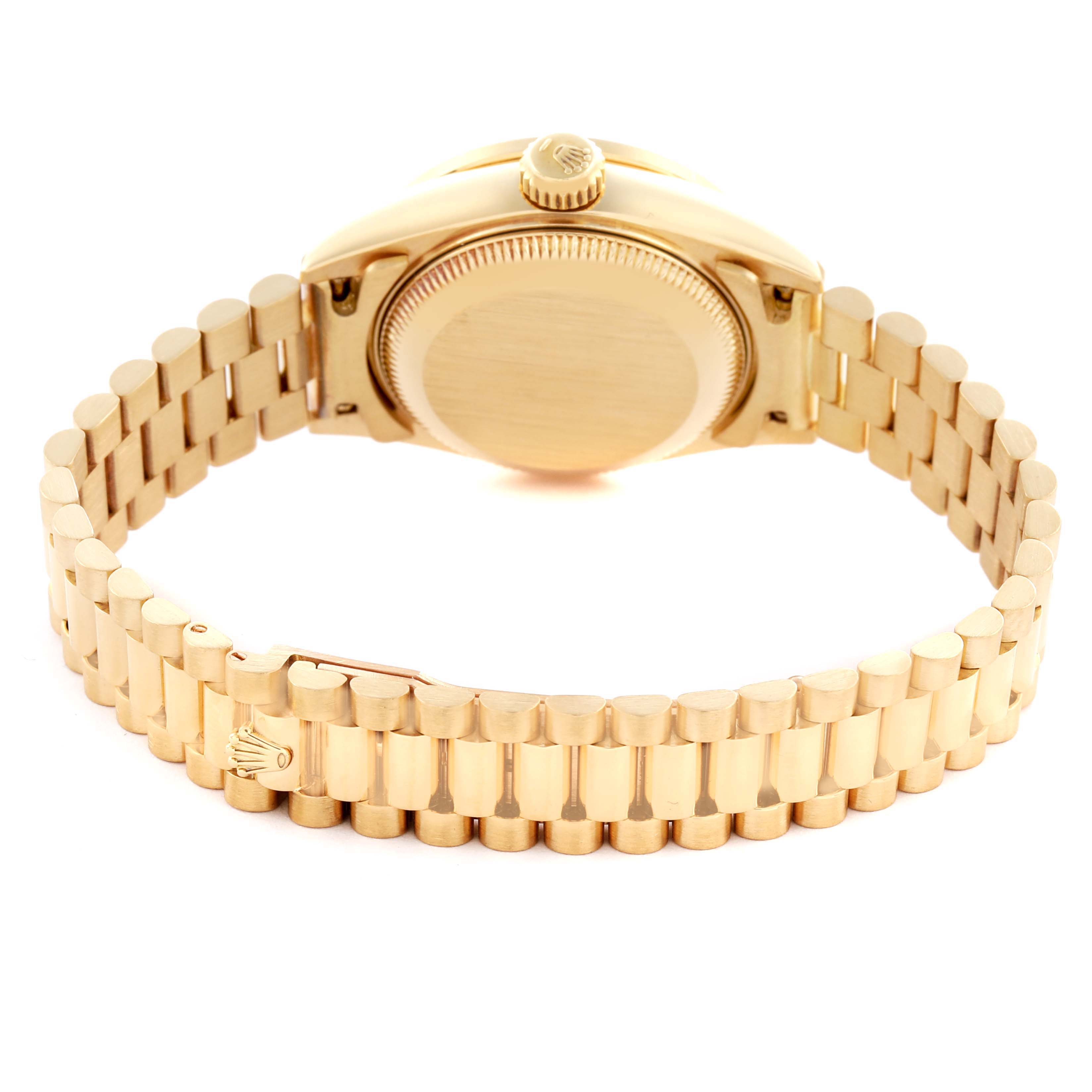 The image shows the back and bracelet of a Rolex President 69068 Women's Yellow Gold Champagne Dial 69068 Women's Yellow Gold Champagne Dial watch, focusing on the clasp and case back.