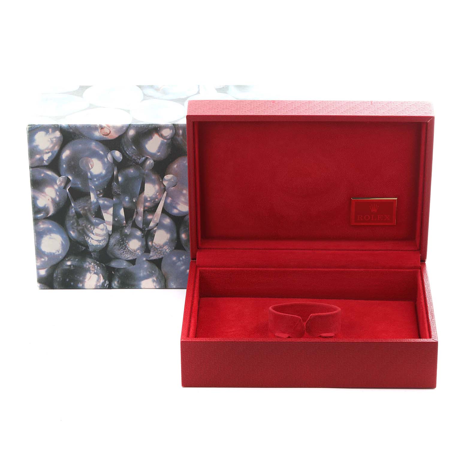 The image shows a red Rolex watch box for the President model, with the lid open and an interior cushion visible.