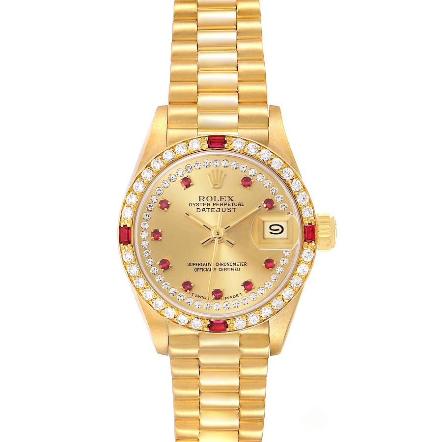 The Rolex President model watch is shown from the front, highlighting the dial, bezel, bracelet, and crown.